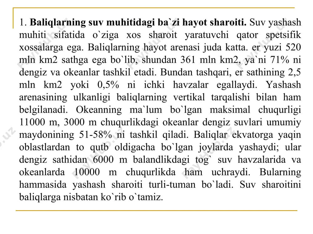 liqlar hayotida katta ahamiyatga ega. chunki muz qoplami suvning ostki qatlamlarini ma`lum darajada havoning sovuq temperaturasidan himoya qilib, suv tubigacha muzlashiga to`sqinliq (faqat ba`zi vaqtlarda sayoz joylar tubigacha muzlaydi). bu holat baliqlar qishda havo temperaturasi nihoyatda past bo`lgan oblastlarga ham tarqalishiga imkon beradi. muz qatlamining ijobiy ahamiyati anna shunda. muz qatlami baliqlar hayotida salbiy rol` ham o`ynaydi. u soyalob qo`yib, baliqlar oziqlanishida bevosita yoki bilvosita ahamiyatga ega bo`lgan organizmlar faoliyatini yo sekinlashtiradi yoki butunlay to`xtatadi. bu birinchi navbatda yashil suvo`tlarga va yuqori o`simliklarga tegishlidir. muz qatlami suvning havo kislorodi bilan to`yinishini keskin kamaytiradi. ko`p suv havzalarida qishda chirish jarayonlari natijasida suvda erigan kislorod to`liq sarf bo`ladi. bu vaqtda suv havzasida o`lat (zamor) deb ataluvchi holat paydo bo`ladi. masalan, ob` havzasida shunday holat kuzatilgan. bu daryolarin suv bilan ta`minlovchi botqoqliklar gumin kislotaga va temir (ii) oksidga boy bo`ladi. bular oksidlanib, suvda erigan kislorodni tortib oladi. muz yaxlit bo`lganda bu kislorodning o`rin …