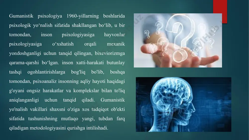 urushlari oqibatlari bilan bog'liq holda dunyoda yuzaga kelgan yangi vaziyat, fashizmning telbaligi g'arbning psixologik tafakkurini yangi muammoga - borliqning ma'nosi (yoki ma'nosizligi), erkinlik ( yoki erkinlikning yo'qligi), shaxsning yolg'izligi (yoki yolg'iz emasligi), uning mas'uliyati, hayoti va o'limi - ekzistensializm falsafasida ishlab chiqilgan muammolarga. bu falsafa ko'plab neofreydchilarga (k.xorni, e.from va boshqalar) ta'sir ko'rsatishi bilan bir qatorda, u hayotga olib keldi. yangi psixologiya, bu avvalgisining asosiy asoslarini qayta ko'rib chiqdi va ko'p jihatdan ham bixeviorizmga, ham psixoanalizga, birinchi navbatda, insonning asl mohiyatini tushunishga qarshi chiqdi. umuman olganda, bu yo'nalish ko'pincha ekzistensial-gumanistik psixologiya deb ataladi. 1964 yilda aqshda gumanistik psixologiya bo'yicha birinchi konferentsiya bo'lib o'tdi. uning ishtirokchilari bixeviorizm va psixoanaliz (ular o'sha paytda ikkita asosiy psixologik kuch sifatida belgilangan) insonda uning shaxs sifatida mohiyatini tashkil etuvchi narsani ko'rmaydi degan xulosaga kelishdi. bixeviorizm va psixoanaliz insonni tabiiy-ilmiy pozitsiyalardan ko'rib chiqdi: freydda inson axloqi va ma'naviyati mustaqil voqelik sifatida emas, balki psixoseksual rivojlanish murakkabligining …