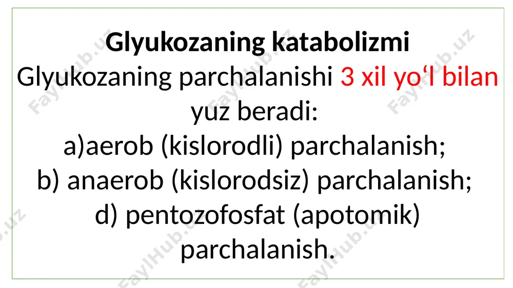 ali kislorodga birikadilar hamda energiya (3x2=6 mol atf) va 2 mol h2o hosil bo‘ladi: glyukoza + 2 adf + 2pn→ 2l-laktat + 2atf + 2 h2o glikoliz hamma tirik organizm uchun xosdir. glikoliz anaerob organizmlar uchun yagona energetik manba bo‘lib, hujayralarni kislorod tanqisligi holatida minimal energiya bilan ta’minlaydi (2atf): aerob organizmlar (hayvonlar, insonlar) uchun esa glikoliz glyukozani aerob oksidlanishining shartli (tayyorlov) birinchi glikolitik bosqichdir. glikoliz jarayonida hosil bo‘ladigan metabolitlar – laktat, piruvat, glitserat va triozalar organizmda yuz beradigan turli katabolitik va anabolitik jarayonlar uchun kerakli mahsulotdir. glikoliz sitoplazmada 210 borib, aerob oksidlanish uchun shart bo‘lgan membrana, mitoxondriya butunligini talab qilmaydi. shuning uchun ba’zi «mitoxondrial kasalliklar» vaqtida glikoliz asosiy energiya bilan ta’minlovchi manba vazifasini o‘taydi («halokatdan saqlanish mexanizmi»): shu bilan birga sitoplazmada boradigan biosintetik jarayonlar, asosan glikoliz davomida hosil bo‘ladigan atf hisobiga boradi image1.jpeg image2.png image3.png image4.png /docprops/thumbnail.jpeg