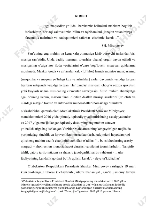 rahbarni - ... ular faoliyatining kundalik qoidasi bo‘lib qolishi kerak”, - deya ta’kidladilar[footnoteref:1] [1: o’zbekiston respublikasi prezidenti shavkat mirziyoyevning mamlakatimizni 2016 yilda ijtimoiy-iqtisodiy rivojlantirishning asosiy yakunlari va 2017 yilga mo’ljallangan iqtisodiy dasturning eng muhim ustuvor yo’nalishlariga bag’ishlangan vazirlar mahkamasining kengaytirilgan majlisdagi ma`ruzasi. “xalq so'zi” gazetasi. 2017 yil 16 yanvar. 11-son. ] o’zbekiston respublikasi prezidenti shavkat mirziyoyev raisligida 19 mart kuni yoshlarga e’tiborni kuchaytirish , ularni madaniyat , san’at jismoniy tarbiya va sportga keng jalb etish ularni axborot texnalogiyalardan foydalanish ko’nikmalarini shakllantirish yoshlar o’rtasida kitobxonlikni targ’ib etish , xotin qizlar bandligini oshirish masalalariga bag’ishlangan videoselektor yig’ilishi bo’lib o’tdi. prezidentimiz shavkat mirziyoev miromonovich ham kelajagimiz yoshlarini maonaviyatini yuksaltirish va ularni bo`sh vaqtlarini mazmunli tashkil etish bo`yicha beshta muhim tashabbus bilan chiqdilar. musiqa ayrim kishilar aytganidek dam olish, hordiq chiqarish vositasi emas. sanoat bu insonda fikr uyg‘otuvchi, his – hayajonlarini bir maqsad tomon yo‘naltiruvchi, kishilarni yaxshi ulug‘vor ishga safarbar etuvchi, ona –vatanimizni so‘z …