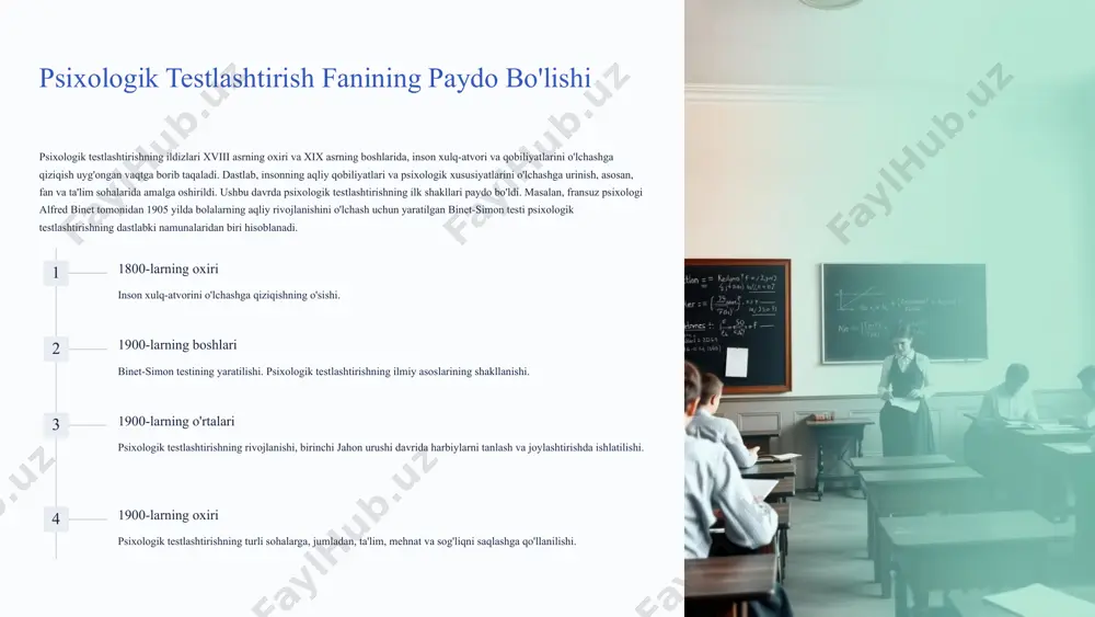 n testi kabi dastlabki testlar yaratildi, ular bolalarning aqliy rivojlanishini o'lchashga mo'ljallangan edi. ikkinchi bosqich (xx asrning boshlari - o'rtalari) psixologik testlashtirishning keng miqyosda qo'llanilishi bilan tavsiflanadi. birinchi jahon urushi davrida harbiylarni tanlash va joylashtirishda psixologik testlar qo'llanila boshlandi. ushbu davrda testlashtirish usullarini takomillashtirishga qaratilgan ishlar olib borildi va psixologik testlashtirishning ilmiy asoslari mustahkamlandi. uchinchi bosqich (xx asrning o'rtalari - oxiri) psixologik testlashtirishning turli sohalarga, jumladan, ta'lim, mehnat va sog'liqni saqlashga qo'llanilishi bilan ajralib turadi. ushbu davrda shaxsning turli psixologik xususiyatlarini o'lchashga mo'ljallangan yangi testlar yaratildi. shuningdek, psixologik testlashtirishning etika va standartlari ishlab chiqildi. hozirgi davrda psixologik testlashtirish fanining rivojlanishi kompyuter texnologiyalarining rivojlanishi bilan bog'liq. kompyuterlar psixologik testlashtirishni amalga oshirish va tahlil qilish jarayonini tezlashtirish va osonlashtirish imkonini beradi. shuningdek, kompyuterlar yordamida testlashtirish jarayonini individualizatsiya qilish va testlarning sifatini oshirish mumkin. 3 psixologik testlashtirish fanining maqsad va vazifalari psixologik testlashtirish fanining asosiy maqsadi insonning aqliy va psixologik xususiyatlarini ilmiy usullar …