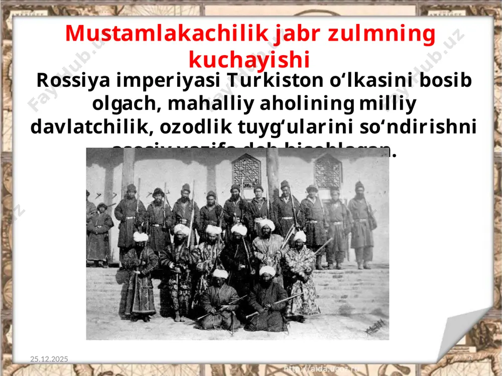 an. 21.08.2020 8 to’g’on qurilishi xix asr oxiri 1880-yilning noyabrida aholi hamma soliqlarni to‘laganligiga qaramay, xo‘jand uyezdining boshlig‘i xo‘jand va o‘ratepa tumanlaridagi aholidan qo‘shimcha yer solig‘i olinishini e’lon qildi. 21.08.2020 9 1885-yilning yozida farg‘ona vodiysida xalq qo‘zgolonlari qaytadan avj olib, andijonda darvishxon boshchiligida qo‘zg‘olon ko‘tarildi. 21.08.2020 10 endi qo‘zg‘olonchilar kurash usullarini o‘zgartirib, boylar va volost boshliqlarining qarorgohlariga hujum uyushtirdilar. 1896-yilda namangan uyezdining oqsuv–shahrixon volostidagi naymanchi, ko‘hnamozor, langarbob qishloqlarida aholining mingboshilar saylovlaridagi noroziligi oshkora qo‘zg‘olonga aylanib ketdi. 21.08.2020 11 rossiya imperiyasining savdo-sanoat doiralari turkiston o‘lkasini har tomonlama, ayniqsa, iqtisodiy jihatdan qaram qilishda faol ishtirok etdilar. 21.08.2020 12 o‘lka ma’muriyati qo‘zg‘olonlarning yangi to‘lqin bilan kuchayib ketishidan doimiy ravishda xavfsirab turardi. 21.08.2020 13 general-gubernator mahkamasi maxsus bo‘limining boshlig‘i o‘z ma’ruzasida «isyonga moyil» aholi vakillarini harbiy sudga berish va bu sud o‘lim jazosini oshkora ijro etishi haqida fikr bildirdi. 1892-yildan mustamlakachilar oddiy fuqarolarni ma’murlarga qarshilik ko‘rsatgan taqdirda bevosita harbiy dala sudiga bera boshladilar. «gunohkorlar»ni …