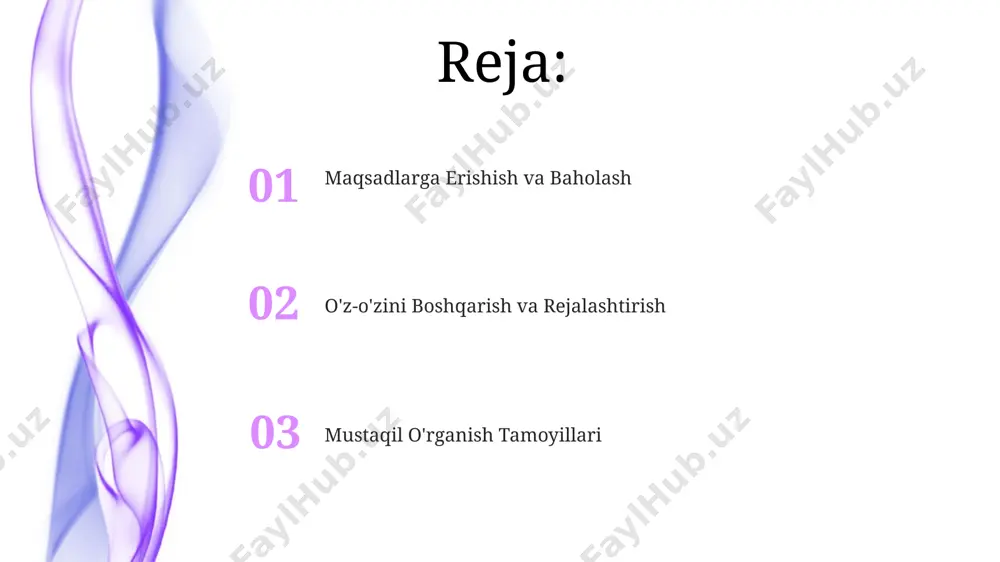 ning samaradorligini 50% ga oshirish uchun, o'rganilgan mavzular bo'yicha muntazam ravishda amaliyot o'tkazish va 2-3 hafta ichida bilimlarni takrorlash muhim. muvaffaqiyatli mustaqil o'rganish uchun, kuniga kamida 60 daqiqa o'qishga, 30 daqiqa amaliyotga va 15 daqiqa o'z ustida fikr yuritishga vaqt ajratish tavsiya etiladi. resurslardan samarali foydalanish o'zlashtirilgan ma'lumotlarni 7 ta turli usulda (xulosa qilish, xaritani yaratish, muloqot qilish va boshqalar) qayta ishlash, bilimlarni mustahkamlash va eslab qolish qobiliyatini 40% ga yaxshilashga yordam beradi. onlayn kutubxonalar, ochiq ta'lim platformalari va interfaol dasturlar kabi 3 turdagi bepul yoki arzon resurslardan foydalanib, o'qish samaradorligini 30% ga oshirish mumkin. qiyinchiliklarni engish va muvaffaqiyatsizliklardan saboq olish o'z ustida ishlash va o'z-o'zini baholash orqali kamchiliklarni 15% ga kamaytirish mumkin; bu esa o'rganish jarayonini 20% tezlashtiradi. qiyinchiliklarni 3 bosqichda engish: 1) muammoni aniqlash va tahlil qilish; 2) mumkin bo'lgan yechimlarni ishlab chiqish; 3) eng samarali yechimni tanlash va amalda qo'llash. o'z-o'zini boshqarish va motivatsiya o'z-o'zini boshqarish, maqsadga …