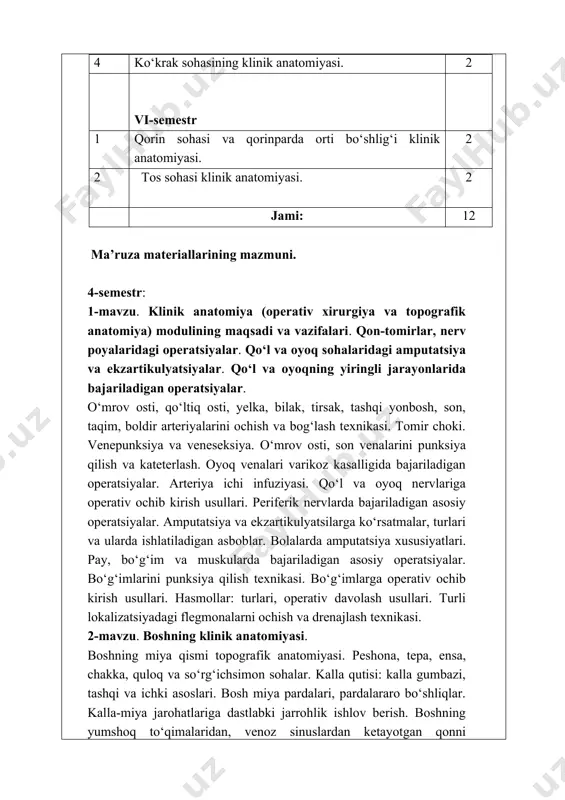 g klinik-anatomik tamoyillari. yuz sohasi a’zolariga operativ ochib kirish usullari. yuz sohasidagi yiringli jarayonlarni ochish va drenajlash. yuqori jag‘ bo‘shlig‘ini punksiya qilish va ochish. 3-mavzu. bo‘yinning klinik anatomiyasi. bo‘yinning sohalarga bo‘linishi, uchburchaklari, fassiya va kletchatka bo‘shliqlari. bo‘yinning oldingi bo‘limi: tilosti usti va tilosti pastki sohalari. uyqu uchburchagi topografiyasi. uyqu va til arteriyalarini ochish va bog‘lash. arteriotomiya. karotid endarterektomiya. bo‘yin a’zolari klinik anatomiyasi: golotopiyasi, skeletotopiyasi, sintopiyasi, qon bilan ta’minlanishi va innervatsiyasi. bo‘yindagi nerv chigallar. bo‘yin a’zolariga operativ ochib kirish usullari. krikotomiya. traxeotomiya va traxeostomiya. subtotal subfassial strumektomiya. qizilo‘ngachning bo‘yin qismi xirurgiyasi. bo‘yinning yon va to‘sh-o‘mrov-so‘rg‘ichsimon sohalari topografik anatomiyasi. chuqur mushaklararo tirqishlar. narvon oldi va narvonaro oraliqlar. umurtqa-narvonsimon uchuburchagi, ko‘krak limfa yo‘lining bo‘yin qismi. bo‘yinning orqa sohasi (qavatma-qavat tuzilishi, muskullari, kletchatkalari). umurtqa pog‘onasining bo‘yin qismi. bo‘yinda vagosimpatik blokada texnikasi. bo‘yin sohasidagi yiringli jarayonlar va ularni ochish hamda drenajlash texnikasi. o‘mrov osti arteriyasini va o‘mrov osti venasini punksiya qilish va kateterlash texnikasi. simpatektomiya. …