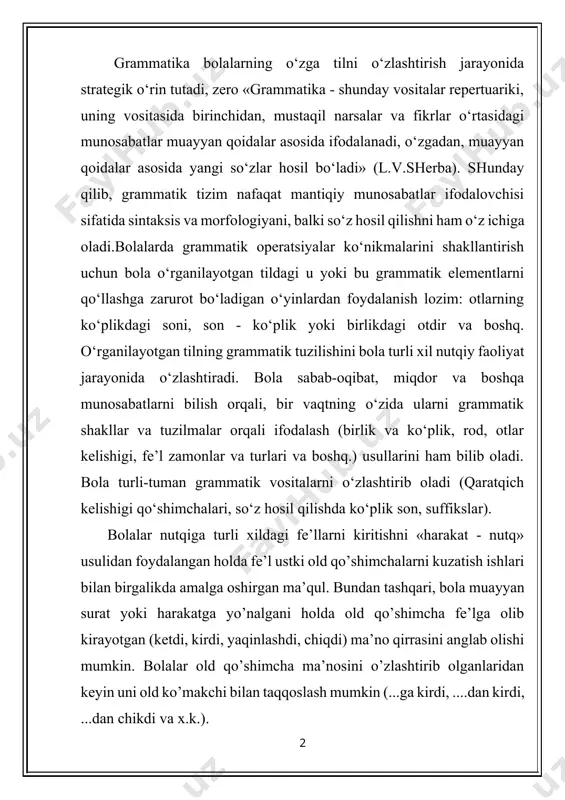 .). bolalarning amaliy mashg’ulotlarini tashkil etishga doir maxsus mashg’ulotlarda tarbiyachiga o’yinchoqlar, narsalar, kiyimlar, poyabzal, idish-tovoqlar, oziq-ovqatlar va boshq, syujetli o’yinlardan foydalanish tavsiya etiladi. bolalar o’ynaganlari holda atrofdagi kattalar faoliyatiga taqlid qiladilar. tuzilayotgan gapni rang-barang qilish uchun o’yin syujetini o’zgartirish - yangi o’yin personajlarini kiritish, bolaga yo’naltiruvchi savollar berish va shu bilan uni muayyan iboralar bilan javob berishga o’rgatish zarur. namoyish qilinayotgan harakatlar bo’yicha «bilan» old ko’makchisi ishtirokidagi tuzilmalarni kiritish qulaydir: ayiqcha bilan, kuchukcha bilan o’ynadi; quyoncha bilan, oyisi bilan, samat bilan gaplashdi. namoyish etilayotgan harakatlar bo’yicha tuzilayotgan butun gapni bolalar albatta o’zlari aytib ko’radilar. agarda bola gapda xatolikka yo’l qo’ysa, tarbiyachi uni tuzatishi va gapni yana bir bor takrorlashi lozim. bolalarga iboralarni tegishli grammatik shakl bilan rasmiylashtirishni o’rgatishni o’yinli vaziyatlar asosida ham amalga oshirish mumkin. o’yinli usullardan bolalar bilan grammatik tuzilmalarni qo’llash borasidagi suhbat sifatida barcha kelishik shakllarini mustahkamlashda foydalaniladi. maktabgacha yoshdagi bolalarda grammatik ko’nikmalarni shakillantirishning ahamiyati. b./ b. /b …