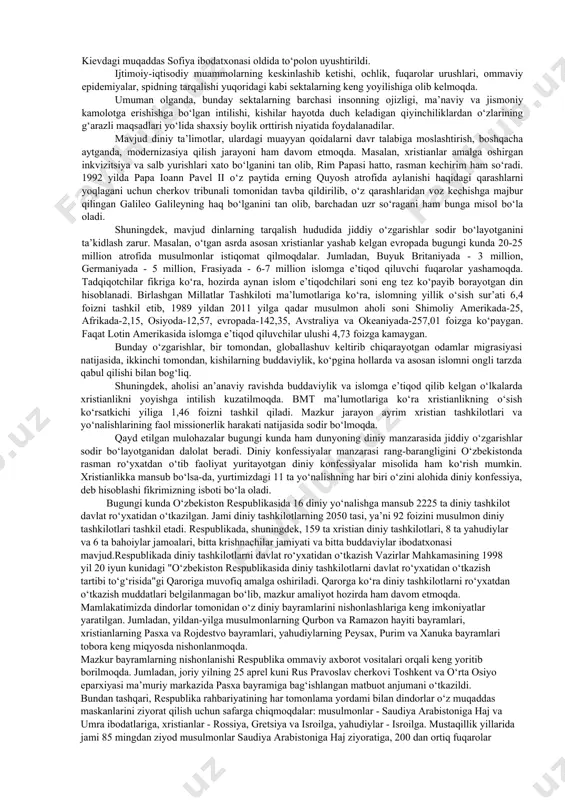 n jamoatchilikning bexabar qolishini keltirib chiqarmoqda. ugandadagi "oxirat kuni" sektasi boshliqlarining faoliyati bunga misol bo‘ladi. oxiratni 1999 yilning 31 dekabriga "belgilagan" ushbu sekta rahbarlari o‘z tarafdorlarini mol-mulklarini sotish, tushgan mablag‘ni ularga berishga va shu yo‘l bilan gunohlardan forig‘ bo‘lishga chaqirgan. qiyomatning 2001 yil 1 yanvarga "ko‘chirilishi" sekta rahbarlariga nisbatan shubha uyg‘onishiga olib kelgan. shundan so‘ng rahbarlar kanungu qishlog‘ida 500 dan ortiq o‘z tarafdorlarini aldab bir joyga to‘plab, ustlaridan yopib binoga o‘t qo‘yib yuborishgan. ommaviy axborot vositalari xabarlariga ko‘ra, tezkor tadbirlarni o‘tkazgan politsiya yana to‘rt joyda ommaviy qabrlarni topgan. umuman bu sektaning qurbonlari 1000 ortiq bo‘lgani qayd qilingan. jahon xristianlarini birlashtirish yo‘lidagi muqaddas ruh assosiasiyasi (assosiasiya svyatogo duxa za ob’edinenie mirovogo xristianstva (asd-omx) bo‘lib, mun san men birlashtirish cherkovi, birlashtirish harakati, munchilar (munistb) kabi nomlar bilan ham ataladi. tarixi: bch asoschisi sun myung men 1920 yilda shimoliy koreyada mahalliy presviterian cherkoviga e’tiqod qiluvchi dehqon oilasida tug‘ilgan. maktabda o‘qish davrida u pyatidesyatniklar …