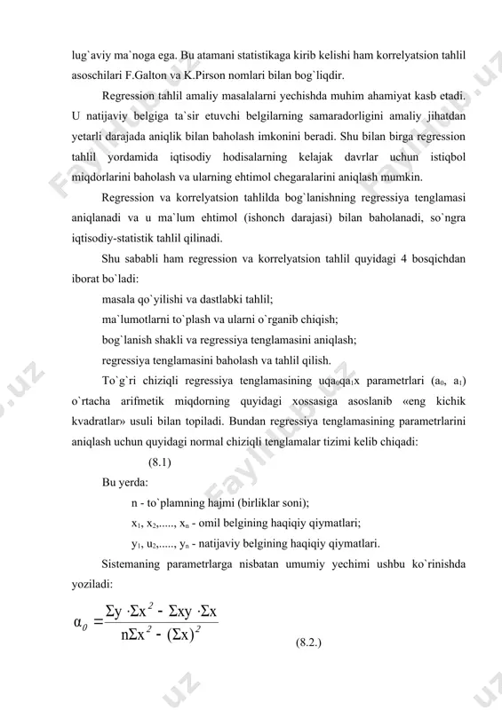 ffitsiyentlari orasidyaa quyidagicha o`zaro bog`lanish mavjud: bog`lanish zichligini baholashda xaqiqatga qo`pol yaqinlashish sifatida nemis psixatri g.t.fexner taklif qilgan meyordan foydalanish mumkin. bu ko`rsatkich bir xil ishorali juft tafovutlar soni bilan har xil ishorali juft tafovutlar soni orasidagi ayirmani bu sonlarning yig`indisiga nisbati bilan aniqlanadi: (8.5) bu yerda (a- bir xil ishoraga ega bo`lgan ayirmalarini umumiy soni; (b - har xil ishorali ayirmalarini umumiy soni. ammo fexnar koeffitsiyenti belgilarning o`rtachadan tafovutlarini hisobga olmaydi, vaholanki ular turlicha miqdoriy ifodaga ega bo`ladi. to`g`ri chiziqli bog`lanishning zichlik darajasi korrelyatsiya koeffitsiyenti bilan baholanadi: (8.6) korrelyatsiya koeffitsiyenti -1 bilan q1 orasida yotadi. musbat ishora to`g`ri bog`lanish, manfiy ishorada esa teskari bog`lanish ustida so`z boradi. (8.7) korrelyatsiya koeffitsiyentining kvadrati determinatsiya koeffitsiyenti deb ataladi va u natijaviy belgi umumiy o`zgaruvchanligining qaysi qismi o`rganilayotgan omil x hissasiga to`g`ri kelishini ko`rsatadi. 3. ranglar korrelyatsiya koeffitsiyenti juft bog`lanish zichligini baholash meyori sifatida ingliz psixatri ch.spirmen tomonidan taklif etilgan ranglar korrelyatsiya koeffitsiyentidan …