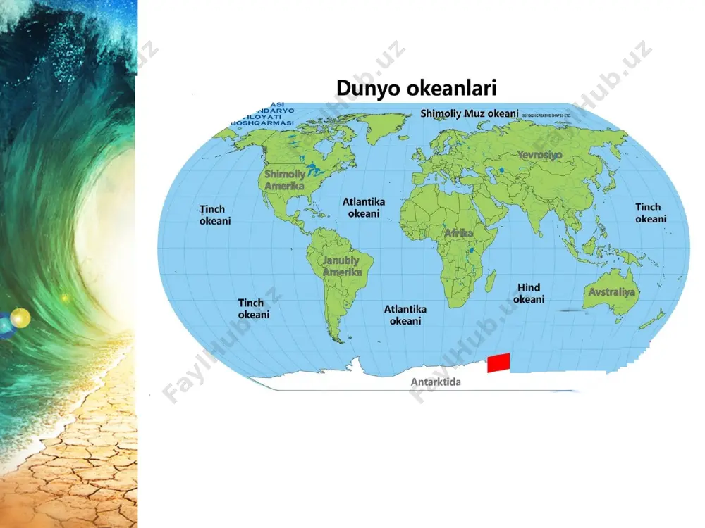 tegishli bo‘ladi. atama, tayanch tushuncha va nomlar okean tubi relyefi, materik sayozligi, materik yonbag‘ri, materik etagi, okean tubi botiqlari, o‘rta okean tizmalari.