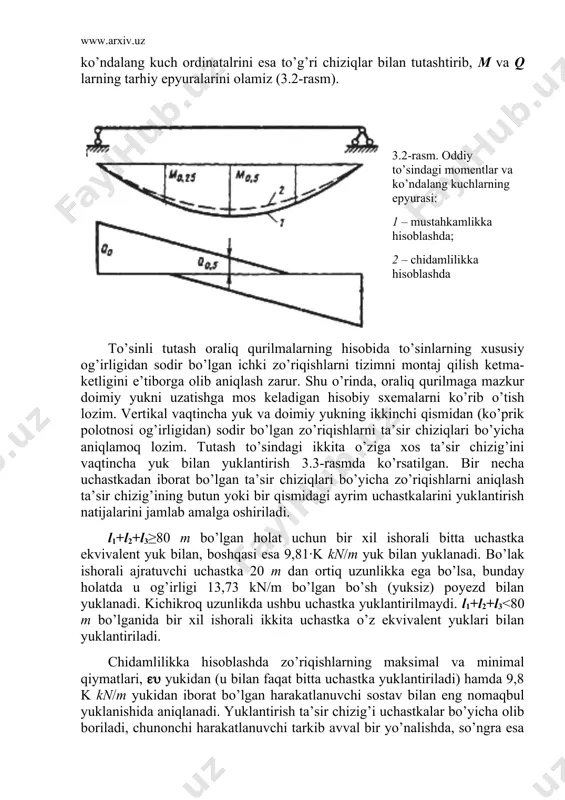 hisobiy o’lchamlari chidamlilikka hisoblar. hisob-kitoblar chegaraviy muvozanat uslubida, tashqi yuklardan sodir bo’lgan hisobiy zo’riqishlarni chegaraviylari bilan taqqoslab olib boriladi. elementning o’qiga normal kesimlarning mustahkamligi bo’yicha hisob-kitob quyidagi mulohazalarga asoslangan: betonnning cho’zilishga qarshiligini nolga teng deb qabul qilinadi; betonning siqilgan zonasidagi kuchlanishlar o’qqa bo’ylab hisobiy rb qarshilik hamda armaturadagi cho’zuvchi va siquvchi kuchlanishlar rs hisobiy qarshiliklar bilan cheklanadi; betondagi siquvchi kuchlanishlarning epyurasi to’g’riburchaklidir. yuqorida keltirilgan mulohazalar sezilarli plastik deformatsiyalar sodir bo’lganda beton va armaturaning birvarakayiga buzilishini taxmin qiladi. cho’zilgan zona armaturasining chamalangan tanlovi quyidagi formulaga ko’ra aniqlanadi: (3.7) bu yerda birlamchi yaqinlashuvda siqilgan zonaning balandligini plitaning balandligiga teng deb qabul qilinadi. so’ngra armatura sterjenlarining soni, diametri va joylashishi aniqlanadi. siqilgan zonaning chegarasi qovurg’ada joylashgan holat umumiyroq hisobiy holatdir (3.8-rasm). siqilgan zonaning balandligi barcha kuchlarni gorizontal o’qqa proyeksiyasi yig’indisining nolga tengligi shartidan kelib chiqib aniqlanadi (3.8) x>h’f bo’lganida kesimning mustahkamligi quyidagi shartdan kelib chiqib aniqlanadi (chegaraviy moment cho’zilgan armaturaning markaziga nisbatan hisoblangan): …
