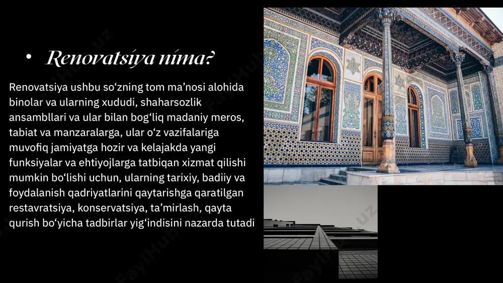 ni belgilovchi jihozlar bilan boyitish to‘g‘risida gap ketmoqda. renovatsiya bo‘yicha ishlarni bajarishda shaharsozlik “matosini” tartibga solish, ayniqsa, imoratlar quriladigan kvartallarni shakllantirish, kommunal infratizimni takomillashtirish va turizmni rivojlantirish uchun sharoitlar yaratish tavsiya etiladi. renovatsiyaning nazariy maqsadlari amaliyotda muhofaza va restavratsiya qilishning talablarini bajarish vaqtida yuzaga keladigan ko‘p sonli qarama-qarshiliklarga duch keladi. yuqorida aytib o‘tilganidek, obidalarni restavratsiya va muhofaza qilishning eng muhim vazifasi ularning aslligini, shu jumladan asl material, shakl va tarkibni saqlashdan iborat, chunki bularning barchasi jam bo‘lib, tarixiy hujjat va ilmiy qimmatlikni tashkil etadi. shu bilan birga, yangi foydalanish funksiyalari interyerni qayta shakllantirishga moyillikni keltirib chiqaradi, qayta qurish, qisman buzish, yangi qism va elementlarni kiritish, kuchaytiruvchi konstruksiyalar bilan to‘ldirish, yetmayotgan qismlarini qoplash kabi texnik tadbirlar zaruratini yuzaga chiqaradi. bu kabi tadbirlar binoning xizmat qilish muddatini uzaytirish yoki buzilib ketishidan qutqarish maqsadlarida amalga oshiriladi. shubhasizki, bunday choralar muqarrar ravishda binoning xususiyatlari o‘zgarishiga olib keladi va uning haqiqiy qadrini buzib qo‘yadi. shuning …