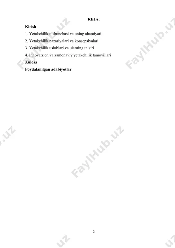 shqari, transformatsion yetakchilik modeli jamoani ilhomlantirish va o‘zgarishlarga yo‘naltirishga urg‘u beradi. ushbu tadqiqot ishida yetakchilik konsepsiyasi, uning rivojlanish tarixi, asosiy nazariyalari, zamonaviy tendensiyalari va kelajakdagi istiqbollari o‘rganiladi. xususan, yetakchilikning biznes, ta’lim va davlat boshqaruvidagi o‘rni tahlil qilinib, muvaffaqiyatli yetakchilikning asosiy mezonlari aniqlanadi. ushbu mavzu nafaqat ilmiy-nazariy ahamiyatga ega, balki amaliy jihatdan ham dolzarb bo‘lib, har qanday tashkilot va jamoaning samarali faoliyat yuritishida muhim o‘rin tutadi. yetakchilik konsepsiyasini o‘rganish, bugungi globallashgan va tez o‘zgarayotgan dunyoda samarali rahbarlik ko‘nikmalarini shakllantirishga yordam beradi. mazkur ish doirasida yetakchilikning mohiyati, uslublari va jamiyat taraqqiyotidagi roli atroflicha yoritiladi. 1. yetakchilik tushunchasi va uning ahamiyati yetakchilik – bu insonlarning o‘z maqsadlariga erishishi uchun yo‘l ko‘rsatish, motivatsiya berish va yo‘naltirish jarayoni hisoblanadi. u turli sohalarda – biznes, siyosat, ta’lim, jamoat boshqaruvi va boshqa ko‘plab jabhalarda muhim rol o‘ynaydi. samarali yetakchilik tashkilot yoki jamoani rivojlantirishda muhim omillardan biri bo‘lib, innovatsiyalarni ilgari surish, muammolarni hal qilish va barqaror o‘sishni ta’minlash …