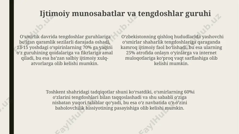 i 2023-yil ma'lumotlariga ko‘ra, sezilarli darajada oshgan, bu esa identifikatsiya va o‘ziga xoslikni aniqlashda muammolarni keltirib chiqarishi mumkin. o‘smirlik davrida, taxminan 12-18 yosh oralig‘ida, shaxsning o‘ziga xosligi, individual xususiyatlari va qadriyatlari 70% ga yaqin shakllanadi, bu jarayonda oila va maktab muhiti katta ahamiyatga ega. shaxsiyatning shakllanishi bosqichlari, masalan, erikson nazariyasiga ko‘ra, o‘smirlik davrida identifikatsiya vs. rollar chalkashligi bosqichini o‘z ichiga oladi; bu jarayon individuallikni rivojlantirishda muhim rol o‘ynaydi. bo'lajak kasb tanlash va hayot rejasi samarqanddagi tadqiqotlar shuni ko'rsatdiki, o'smirlarning 70%i hayot rejasini tuzishda o'z qobiliyatlarini va qiziqishlarini hisobga olish o'rniga, jamiyat tomonidan qo'yilgan yuqori talablar va ijtimoiy bosim ostida qaror qabul qilishadi. o'smirlik davrida 15-18 yoshdagi yoshlar o'zlarining kelajakdagi kasbini tanlashda ko'pincha oilaviy ta'sirlar, masalan, ota-onalar yoki aka-ukalarning kasblari va toshkentdagi ta'lim muassasalarining takliflari bilan bog'liq bo'ladi. hayot rejasini tuzishda, ko'plab o'smirlar 5 yillik va undan uzun muddatli maqsadlarni belgilashda qiyinchiliklarga duch kelishadi, bu esa motivatsiya darajasining pastligi va rejalashtirish …