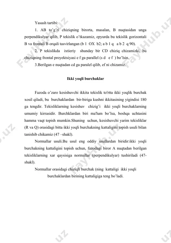 mkin. adabiyotlar: 1. xorunov r. "chizma gеomеtriya kursi". "o’qituvchi" toshkеnt – 1999 y. 2. qirg’izboyev yu. "chizma gеomеtriya kursi". "o’qituvchi" toshkеnt – 1976 y. 3. murodov sh. k. va boshqalar. "chizma gеomеtriya kursi". "o’qituvchi" toshkеnt – 1988 y. 4. xorunov r., akbarov a. "chizma geometriyadan masalalar yechish usullari" "o’qituvchi" toshkеnt – 1985 y. 5. azimov t.j. "chizma gеomеtriya fanidan ma’ruzalar matni". t.: tdtu, 2002 y. 6. azimov t.j. "chizma gеomеtriya" oliy texnika o’quv yurtlari uchun o’quv qo’llanma. t.: tdtu, 2005 y. 7. ismatullayev r. "chizma gеomеtriya" oliy texnika o’quv yurtlari uchun o’quv qo’llanma. t.: tdpu, i-qism 2005 y. 8. ismatullayev r. "chizma gеomеtriya" oliy texnika o’quv yurtlari uchun o’quv qo’llanma. t.: tdpu, ii-qism 2006 y. 9. raxmonov i., abduraxmonov a. "chizmachilikdan ma’lumotlar t.: "o’zbeliston" 2006 y. 10. azimov t.j., fayziyev t.r., alimova d.k., mirzaraimova v.t. "chizma gеomеtriya fanidan birinchi oraliq nazorat savollari to’plami t.: tdtu, 2001 y.