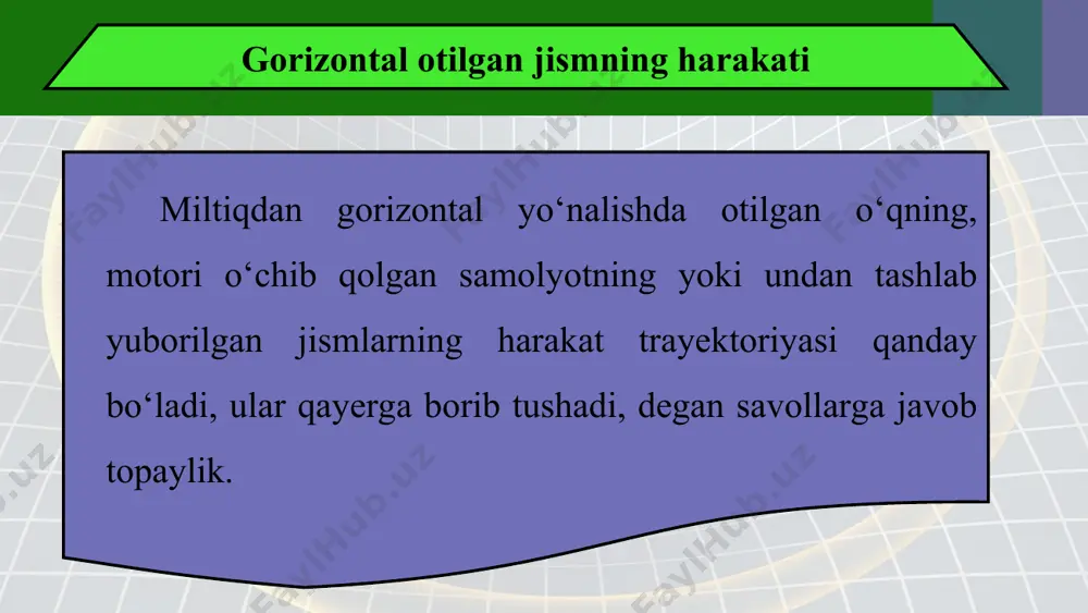 lgan bo‘lsa, jism har gal minoradan qancha uzoqlikka borib tushishini hisoblaylik. bunda t = 4 s deb olib, (1) formuladan har bir holat uchun s masofani topamiz: 1) υ0 = 5 m/s da s = 5 m/s · 4 s = 20 m; 2) υ0 = 10 m/s da s = 10 m/s · 4 s = 40 m; 3) υ0 = 15 m/s da s = 15 m/s · 4 s = 60 m; 4) υ0 = 20 m/s da s = 20 m/s · 4 s = 80 m. demak, gorizontal otilgan jism ikki xil harakatda ishtirok etadi, ya’ni gorizontal yo‘nalishda to‘g‘ri chiziqli o‘zgarmas tezlikdagi harakatini davom ettiradi hamda yerning tortish kuchi ta’sirida vertikal yo‘nalishda o‘zgaruvchan tezlikda erkin tushish tezlanishi bilan pastga erkin tushadi. bir vaqtda ham gorizontal, ham vertikal harakat qilayotgan jismning natijaviy tezligi vektorlarning yig‘indisi ko‘rinishida quyidagicha ifodalanadi: bunda υg – jismning gorizontal yo‘nalishdagi tezligi; υv …