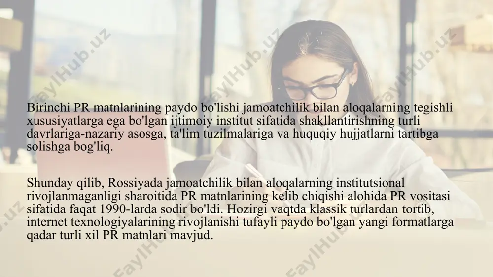 полное руководство» микаловиц м. «метод тыквы» назайкин а.н. «медиарилейшнз на 100%» почепцов г. «имиджеология» почепцов г. «паблик рилейшнз» расторгуев с. «информационная война» «самые успешные pr-компании в мировой практике» санаев а. «русский pr в бизнесе и политике» сегела ж., лебедева т. «ностальгия по будущему» уилкокс д. л. «как создавать pr-тексты и эффективно взаимодействовать со сми» умаров м. «prописные истины» лукашев а., пониделко а. «черный pr как способ овладения властью, или бомба для имиджмейкера» чумиков а.н., бочаров м.п. «связи с общественностью: теория и практика» шепель в. «имиджелогия. как нравиться людям» серов а. «страшные тайны pr. записки pr-консультанта» виллард дж. «пиарщик» бодуан ж.-п. «управление имиджем компании. паблик рилейшнз: предмет и мастерство» мединский в. «негодяи и гении pr» bu kurs bo`yicha qaysi filmlarni ko`rish tavsiya etiladi «хвост виляет собакой» («плутовство»). реж. барри левинсон «боб робертс». реж. тим роббинс «основные цвета». реж. майк николс «на трезвую голову». реж. джошуа майкл стерн «мартовские иды». реж. джордж …