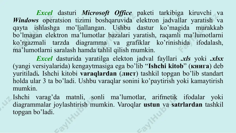 ollashtirilishi kerak bo’lgan yacheyka ustiga olib boriladi va chap tugmachasi bir marta bosiladi. excel da ma’lumotlarni kiritish va tahrirlash faol yacheyka va uning o’ng tomoni pastki qismida joylachgan marker microsoft excel yacheykalarga quyidagi ma’lumotlarni kiritish mumkin: matnli; raqamli; sana va vaqt; formulalar; funksiyalar. yacheykalardagi ma’lumotlar 1. matnli ma’lumotlar 2. sonlar 3. formulalar klaviaturaning harfli, raqamli yoki belgili tugmalarini bosish orqali faol yacheykaga ma’lumot kiritishni bochlash mumkin. kiritilayotgan ma’lumot formulalar satrida ham paydo bo’ladi. ma’lumotni kiritishni enter tugmasini bosish bilan yakunlaymiz. agarda kiritiladigan ma’lumot tenglik (=) belgisidan boshlansa u formula sifatida qabul qilinadi. excel dasturida yacheykalarning hususiyatlarini (formatini) o’zgartirishda, kerakli yacheykalar belgilab olinadi va ctrl+1 tugmalar juftligi ko’magida формат ячеек oynasida tegishli parametrlar o’rnatiladi. ushbu oynani ochish uchun kontekst menyudagi формат ячеек buyrug’ini tanlash orqali ham amalga oshirilishi mumkin. yoki главная ilovasining число tugmalar guruhi pastki chap burchagidagi tegishli belgichadan foydalanib ham uchbu muloqot oynasini ochish mumkin. yacheykalar formatini o’zgartirish: yacheykalarni …