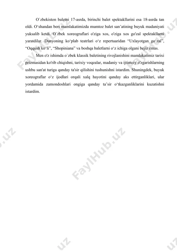 jro uslubiga ta'sir qiladi. sankt-peterburg va moskvadagi xususiy va davlat balet kompaniyalaridan tashqari, butun mamlakat bo'ylab ko'pincha poytaxtdagilar bilan raqobatlashadigan serf teatrlarining keng tarmog'i mavjud edi. bu yerda milliy raqqosalar, xoreograflar, rassomlar ham yetishib chiqdi. o`zbek baletining kelajagi ham balet ta'limini mustahkam tashkil etish, yosh badiiy kuchlarni doimiy tarbiyalash bilan ta'minlandi. 18- asrning oxiriga kelib , o`zbek baleti uning yanada takomillashishi va o'sishiga hissa qo'shgan pozitsiyalarni egalladi. 18-19 - asrlar oxirida esa unda shunday xoreograflar va raqqosalar paydo bo'ldi, ularning nomlari balet teatrining o`zbek va jahon tarixida mashhur bo'ldi . 1.1 o`zbek baletining birinchi qadamlari alisher navoiy nomidagi davlat akademik katta teatri janubiy- sharqiy osiyodagi eng katta teatr hisoblanadi. uning tarixi «konser- etnografik ansambli asoschisi muhiddin qori yoqibov hamda nafaqat o'zbek , qolaversa jahon xalq terma folklor qo'shiqlari mohir ijrochisi 2- darajali stalin mukofoti sovrindori tamaraxonimlar bilan bog'liqdir. mazkur ansambl 1929- yil m. qoriyoqubov va tamaraxonim sa'y – harakati bilan …