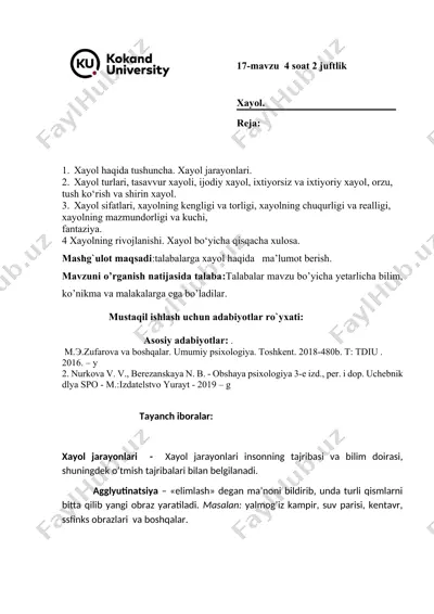 xayol haqida tushuncha va jarayonlari taqdimoti — DOCX