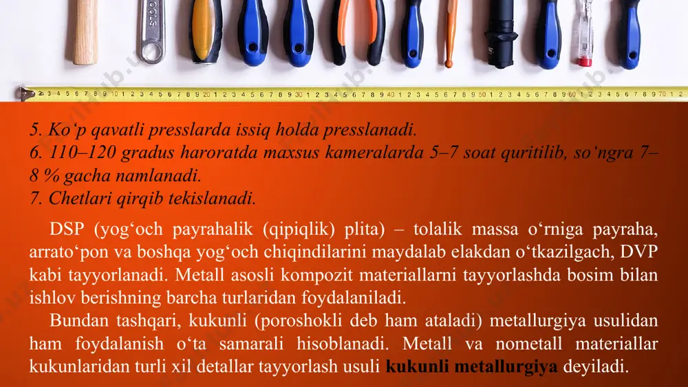 odelning tashqi kо‘rinishi olinuvchi quyma yoki buyum shakliga o‘xshash bo‘ladi. modellar yengil, oson kesib ishlanadigan, chidamli, arzon materiallardan tayyorlanib, ular qolip materialiga yopishmaydigan, undan oson ajraladigan bo‘lishi kerak. modellar oddiy, yaxlit, murakkab shaklli, kichik va o‘rtacha o‘lchamli bo‘ladi. ular ajraluvchi va ayrim-ayrim bo‘laklardan yig‘iladi (96-rasm). this presentation uses a free template provided by fppt.com www.free-power-point-templates.com buyum chizmalari asosida g‘o‘la, taxta, brus shaklidagi quritilgan yog‘ochlardan (qarag‘ay, archa va boshqalar) bir martalik qoliplar tayyorlanadi. biroq yog‘ochlar nam tortib tob tashlashi, tez chirishi va deyarli puxtamasligi tufayli ulardan keng foydalanib bo‘lmaydi. shu boisdan ko‘plab texnologik moslamalar aluminiy qotishmalar va plastmassalardan tayyorlanadi. this presentation uses a free template provided by fppt.com www.free-power-point-templates.com ular ancha qimmat bo‘lsa-da, uzoq vaqt turli muhitlarda ishlashi davomida shakli va o‘lchamlarini saqlashi, qolip materialida aniq model ko‘rinishini olishi kabi afzalliklarga ega. modellar qaysi materialdan tayyorlanmasin, qolipdan osonroq chiqarish uchun uning vertikal tekisliklariga kichik qiyalik beriladi va yuzalari nafis ishlanadi. model …