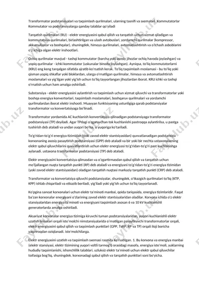 transformator podstansiyalari va taqsimlash qurilmalari — DOCX