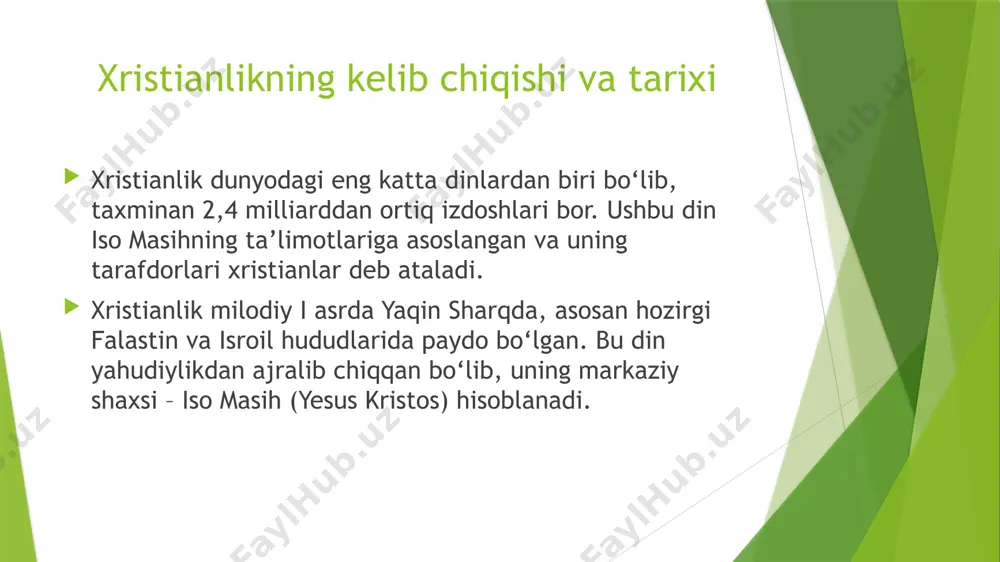 anadi. xristianlikning asosiy e’tiqodlari monoteizm (yakka xudoga e’tiqod) xristianlar yagona xudoga ishonishadi, lekin u uchlik (trinitet) shaklida mujassam: xudo-otasi (yaratuvchi va hukmdor) xudo-o‘g‘li (iso masih) muqaddas ruh. iso masih-najotkor. iso insoniyat gunohlarini yuvish uchun o‘zini qurbon qilgan va tirilgan. u oxir zamonda yana qaytib keladi va odamlarga hukm chiqaradi. muqaddas kitob (bibliya) xristianlarning asosiy muqaddas kitobi bo‘lib, ikki qismdan iborat: eski ahd (yahudiylarning tavrot, zabur va boshqa kitoblari) yangi ahd (iso masih va apostollarning ta’limotlari) oxirat va qiyomat kuni. har bir inson qilmishiga qarab jannat yoki do‘zax ga tushadi. oxir zamonda iso masih qaytib kelib, odamlarga oxirgi hukmni chiqaradi. xristianlikdagi muhim marosimlar va bayramlar 1.cho‘qintirish – inson xristian bo‘lishi uchun suvga cho‘mish marosimi o‘tkaziladi. 2. komuniyan (eyxaristiya) – iso masihning tanasi va qonini ramziy ifodalovchi non va sharob qabul qilish marosimi. 3. rojdestvo (iso masih tug‘ilgan kuni) – 25-dekabr (katoliklar va protestantlar) yoki 7-yanvar (pravoslavlar) nishonlaydi. 4. pasxa (iso masihning …