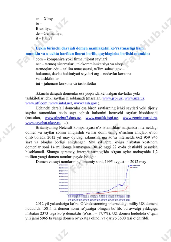 modem yetarlidir. shuning uchun butun dunyo tarmog‘i butun olam axborotlar ombori-kutubxonaga aylanib qoladi va u dunyoga yoyiladi. www da ma’lumotlar sahifalarda joylashadi. bu sahifalarning egasi kim? ular yirik korporasiyalar yoki kichik korxonalar, universitet va maktablar, tashkilotlar, jurnal va ruznomalar yoki oddiy shaxslardir. bu sahifalarda turli-tuman ma’lumotlar joylanadi. gipermantn bu matnni giperko‘rsatmalar yordamida tushuntirishdir. ya’ni matndagi biror so‘z yoki atamani izoxlashda boshqa matn yoki sahifadan foylanish. har bir internet sahifasi o‘z tarmoq adresiga ega va aqshning virdjiniya shtatida shu adreslar takrorlanmasligi uchun maxsus kompaniya mavjud. bu url (universal resorce locators) adresi. url adresi giperhujjatning nomi va joylanish katalogi, serveri, domeni va server turini ko‘rsatadi. url adresi bir necha qismdan iborat. har bir qismi nuqta bilan ajratiladi. url adresning umumiy ko‘rinishi: sistema :// kompyuter(bo‘lim)_nomi . tarmoq(provayder yoki server)_nomi . yuqori_domen/faylgacha_to‘liq_yul(papkalar va fayl) masalan: http://informatika.freenet.uz/bonus/music.html music.html –fayl nomi bonus – katalog freenet.uz – yuserver nomini ko’rsatadi http: - ma’lumotlarni almashish koidalar sistemasini ko‘rsatadi …