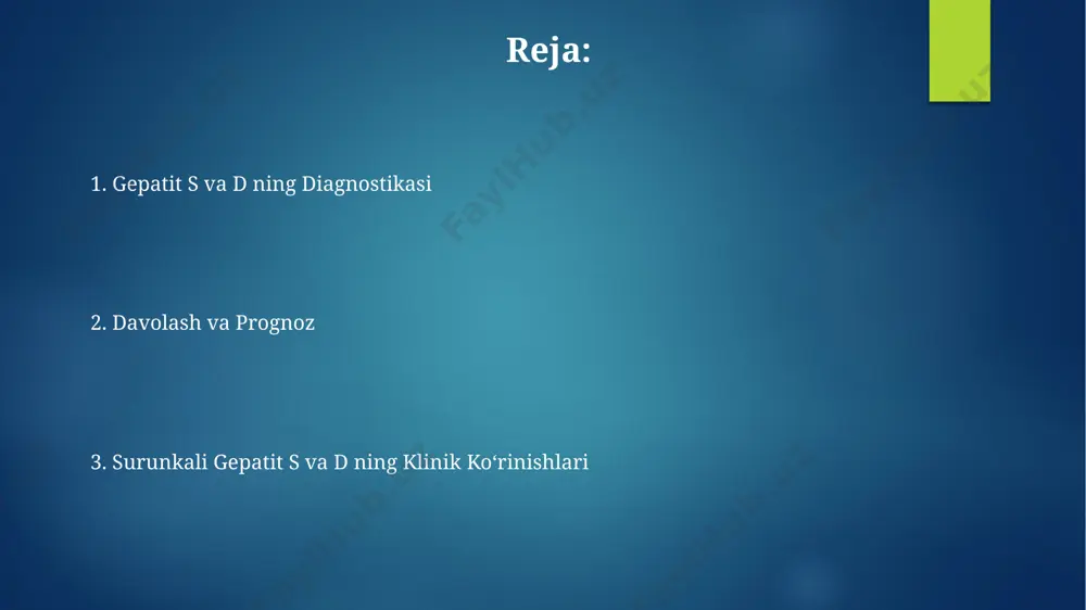 gepatit qorinning yuqori o'ng qismida og'riq, charchoq, ishtahaning pasayishi va mushak og'rig'i kabi noaniq klinik ko'rinishlar bilan namoyon bo'lishi mumkin. profilaktika choralari gepait s va d virusiga qarshi samarali emlash hali mavjud emas, lekin sog'lom turmush tarzi, shu jumladan to'g'ri ovqatlanish va muntazam jismoniy mashqlar bilan immunitetni mustahkamlash muhimdir. surunkali gepatit s va d ning oldini olishda, xavf omillarini kamaytirish, masalan, giyohvand moddalarni parenteral yuborishdan saqlanish, 90% gacha infektsiyani oldini olishga yordam beradi. hayot tarzini o'zgartirish jismoniy faollikning 150 daqiqalik haftalik miqdorini ta'minlash, metabolizmni yaxshilaydi va immunitet tizimini mustahkamlaydi, virusga qarshi kurashishga yordam beradi. sog'lom ovqatlanish, kuniga kamida 5 ta meva va sabzavot iste'mol qilish, jigarni himoya qiluvchi antioksidantlar miqdorini oshiradi va yallig'lanishni kamaytiradi. surunkali v gepatitning alomatlari surunkali gepatit c va d ning 80% gacha holatlarida dastlabki bosqichlarda hech qanday aniq alomatlar kuzatilmaydi, bu esa kasallikning kech aniqlanishiga olib keladi. jigarning shikastlanish darajasi va virusning turi bilan bog'liq ravishda, …
