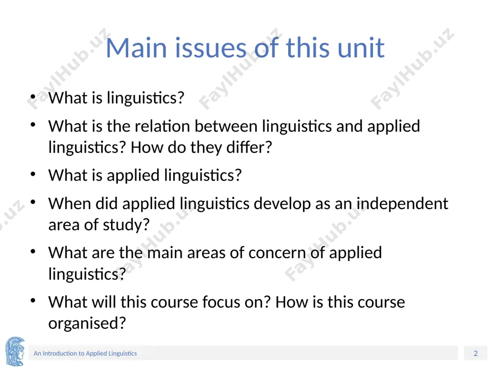 honetics morphology syntax semantics what is interdisciplinary linguistics? interdisciplinary studies involve two or more academic disciplines which are considered distinct. the most common interdisciplinary branches of linguistics are: historical linguistics, sociolinguistics, psycholinguistics, ethnolinguistics or anthropological linguistics, computational linguistics, neurolinguistics. ‹#› an introduction to applied linguistics applied linguistics: when did it all begin? (1/2) the term applied linguistics (al) is an anglo-american coinage. it was founded first at the university of edinburgh school of applied linguistics in 1956. then at the center of applied linguistics in washington d.c. in 1957. ‹#› an introduction to applied linguistics applied linguistics: when did it all begin? (2/2) the british association of applied linguistics (baal) was formally established in 1967, with the following aims: “the advancement of education by fostering and promoting, by any lawful charitable means, the study of language use, language acquisition and language teaching and the fostering of inter-disciplinary collaboration in this …