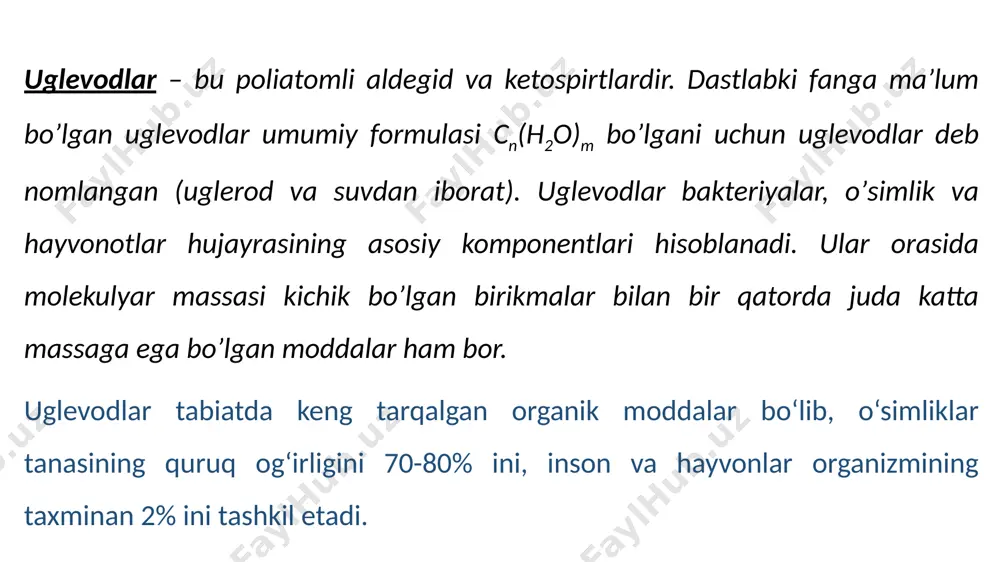 taltikani kuchaytiradi. shuning uchun ich qotish kuzatilganda tarkibida kletchatkasi ko‘p bo‘lgan qora non iste’mol qilish tavsiya etiladi. spesifiklik funksiyasi – uglevodlarning ayrim vakillari qon gruppalarining spetsifikligini ta’minlash: antitelalarning hosil bo‘lishi; nerv impulslarini o‘tkazish kabi muhim jarayonlarda qatnashadi. zaxira ozuqa modda funksiyasi – kraxmal (o‘simliklarda) va glikogen (hayvon va inson organizmida) zahira oziq moddalarga kiradi. ulardan glikogen jigar va muskul to‘qimasida to‘planib, lozim bo‘lganda sarflanadi. glikogen glyukozaning vaqtinchalik deposidir. organizm bir sutkada, tarkibida 400-600 g uglevod mavjud bo‘lgan oziq-ovqat qabul qilishi kerak. uglevodlar inson ovqatlanishidagi asosiy quvvat yetkazib beruvchi makronutrientlar boʼlib, ratsionning umumiy quvvatiy qiymatining 50-70% ini taʼminlaydi. ular metabolizlanganda, aerob hamda anaerob sharoitlarda ham birdek, makroergik birikmalar hosil qilishga qodir. 1 g uglevodning metabolizlanishi natijasida organizm 4 kkal. ga teng quvvat oladi. uglevodlar tuzilishiga ko‘ra 3 guruhga bo‘linadi: monosaxaridlar – suvda yaxshi eriydi, shirin ta`mga ega. triozalar - 3-fosfoglitseraldegid; tetrozalar - eritroza; peptozalar – riboza, dezoksiriboza;geksozalar - glyukoza, fruktoza, galaktozalar …