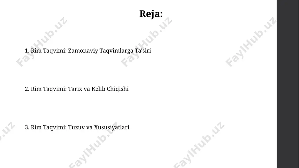 a 1582-yilda gregorian taqvimiga o'tilgandan so'ng, yuliy taqvimiga nisbatan 10 kunlik farq yuzaga keldi, bu esa tarixiy tadbirlarni xronologik aniqlashda muhim ahamiyat kasb etadi. 1917-yilgi oktyabr inqilobidan keyin rossiya federatsiyasi gregorian taqvimiga o'tdi, bu esa 13 kunlik farqni keltirib chiqardi va bu o'zgarishlar mamlakatning vaqt hisobi tizimida muhim burilish nuqtasini belgiladi. yil davrlari va fasllar rim taqvimida yil 365 kun, ba'zan 366 kundan iborat bo'lib, 12 oyga bo'lingan va har bir fasl taxminan 90-92 kun davom etgan. rim taqvimida fasllar, quyoshning ekvatorga nisbatan holati bilan belgilanib, bahor, yoz, kuz va qish fasllariga bo'lingan va har bir faslning boshlanish va tugash sanalari taxminiy hisoblangan. rim taqvimining kundalik hayotga ta'siri rim imperiyasi davrida taqvimning aniqligi va ishlatilishi davlat boshqaruvi va soliq yig'ish tizimining samaradorligiga ijobiy ta'sir ko'rsatib, byurokratiya jarayonlarini soddalashtirgan. rim taqvimining 365 kunlik tsikli qishloq xo'jaligida ekin ekish va yig'im-terim vaqtlari bilan bog'liq muhim qarorlar qabul qilishda hal qiluvchi rol o'ynagan, …