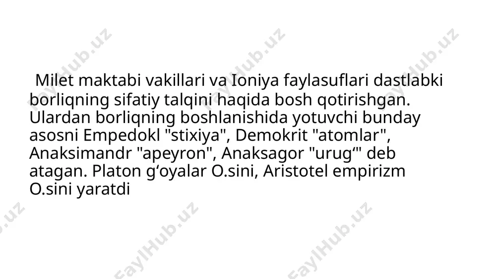dastlabki falsafiy maktab‖. anxra manyu - zardushtiylikda yovuz kuchlar, zulmat va o’lim boshlig’i, axuramazdaning dushmani, inson ruhiyatidagi salbiy hissiyotlarning timsoli. olamning yagona hukmdori bo’lmish vaqt bir-biriga zid ikki buyuk qudrat axuramazda va anxra manyu ruhlarini vujudga keltiradi. borliq ana shu kuchlar tomonidan navbatma-navbat boshqarilib turiladi. axura mazda - «avesto» ta’limotida zulm va qabohat egallagan dunyoga, shu jumladan, umidsizlikka uchragan kishilar qalbiga yorug’lik, ezgulik nurini taratuvchi, kishilarni o’z kuchiga ishonchini mustahkamlashga, kelajak abadiy hayotga istagini kuchaytiradigan va unga yunaltiruvchi qudratli kuch sifatida madx qilinadi. moniy - moniy ibn fatak monizm ta’limotining asoschisi. naqqosh va rassom. markaziy osiyo, eron, hindiston buylab safar qilib, zardushtiylik, buddaviylik, braxmanlik kabi turli diniy ta’limotlar bilan tanishadi. dunyo, ziyo va zulmatning abadiy kurash maydoni, insonning vazifasi esa, yovuzlikni uzil-kesil yo’q kilish uchun ezgulikka ko’maklashishdir. bu g’oya moniy axloqiy ta’limotining asosini tashkil etadi. image1.jpg image2.jpg image3.jpg image4.jpg image5.jpg image6.jpg image7.jpg image8.jpg /docprops/thumbnail.jpeg