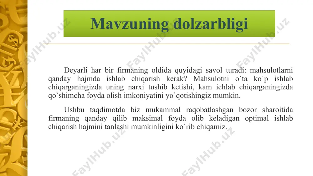 a va takliflar olib borilgan tahlillar natijasida quyidagi takliflarni bermoqchimiz: bozor iqtisodiyoti sharoitida mukammal raqobatlashgan bozorda firma har doim daromadlari va xarajatlarini, ishlab chiqarilgan har bir birlik mahsulotdan olinadigan daromadlarni va foydani tahlil qilib borishi lozim. chunki, mukammal raqobatlashgan bozorda foydaning ma’lum bir qismining yuqotilishiga ham olab keladi; mukammal raqobatlashgan bozorda firmaning chekli xarajatlari mahsulot narxidan past bo’lsa ishlab chiqarishni oshirish lozim. agarda chekli xarajatlar mahsulot narxidan yuqori bo’lsa ishlab chiqarishni kamaytirish lozim, qachonki, chekli xarajat mahsulot narxiga teng bo’lgancha. chekli xarajatlar mahsulot narxiga teng bo’lganda maksimal foydaga erishadi; agar bozorda mahsulot narxi oshsa firma ishlab chiqarishni yanada oshirib borish maqsadga muvofiq; foydalanilgan adabiyotlar ro’yxati 1. o’zbekiston respublikasining “korrupsiyaga qarshi kurashish to’g’risida” gi qonuni, 2016 yil 13 dekabr. 2. pindyck s.robert. microeconomics. pindyck s. robert. microeconomics. university of california, berkeley. 2013, 3. salimov b.t., muxitdinova u.s., mustafakulov sh.i., salimov b.b. mikroiqtisodiyot: darslik -t.: tdiu, 2006. - 230 b. 4. egamberdiev …