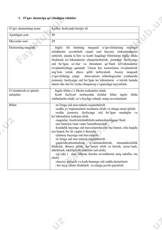 hi haqida tushunchalar berish.olmoshlarning turlari va yasash usullarini o’rganish va mavzuga oid grammatik mashqlar bajarish. 2 a 5 6 articles. prepositions artiklar haqida ma’lumot berish, slayd asosida tushuntirish, kichik guruhlarda ishlash. predloglar haqida ma’lumot berish. ularning turlari va qo’llanilishi. qo’llanish tartib qoidalari. o’tilgan mavzu yuzasidan garammatik mashqlar bajarish. 2 a 7 adjectives ingliz tilida sifatlarni o’rganiladi, guruhlarda kichik guruh tashkil etiladi, savol javob o’tkaziladi, metodlardan foydalaniladi. 2 a 8 modal verbs modal fe’llar haqida tushuncha beriladi, ko’p qo’llaniladigan iboralar bilan tanishtiriladi, mashqlar bajariladi, savol javob qilinadi, kichik guruhlarda ishlanadi, slayd ko’rsatiladi. 2 a 9 time and conditional clauses yangi mavzu bilan tanishtiriladi, yangi so’zlar o’rganiladi. mavzuga oid , grammatik mashqlar bajarish. 2 a 10 infinitive/gerund second conditional mavzu haqida ma’lumot berish, ishlatilishi. mavzuga oid grammatik mashqlar bajarish. mavzu haqida ma’lumot berish, yasalish va ishlatilish holatlarini tushuntirish. mavzuga oid grammatik mashqlar bajarish 2 a 11 pronouns olmoshlar haqida umumiy ma’lumot berish. …
