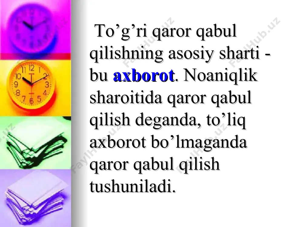mal mumkin bo’lgan narxda sotilgunga qadar tushib boradi. ushbu auktsionda vaqt muhim ahamiyatga ega, nima uchun deganda auktsionda asosan tez buziladigan tovarlar sotiladi: gullar, sabzavotlar, mevalar, baliq va hokazolar sotiladi. tavakkalchilikni pasaytirshda fyucherslar optsion xedjirlashtirishlar ham muhim rol o’ynaydilar. fyucherslar - bu oldindan belgilangan narxlarda ma’lum miqdordagi tovarlarni kelajakda ma’lum kunda yetkazish uchun tuzilgan muddatli shartnoma. optsion yoki mukofotga ko’ra savdo-sotiq - bu fyuchersning bir turi bo’lib, unga ko’ra bir tomon komission to’lov asosida biror tovarni kelajakda sotib olish yoki sotish huquqini oldindan kelishilgan narxda sotib oladi. xedjirlashtirish - bu operatsiya bo’lib, unga ko’ra fyucherslar bozori va optsionlar bozori yordamida bir tavakkalchilik boshqa bir tavakkalchilik bilan qoplanadi. takrorlash uchun savollar noaniqlik va tavakkalchilik deganda nimani tushunasiz? ob’ekti va sub’ektiv ehtimollar va ular o’rtasidag farq. tavakkalchilikka moyillik. tavakkalchilikka befarq qaraydigan shaxs qanday xususiyatga ega. tavakkalchilikni pasaytirish yo’llarini izohlab bering. asimmetrik axborot qanday oqibatlarga olib keladi? investitsiya tavakkalchiligi deganda nimani tushunasiz. ( …
