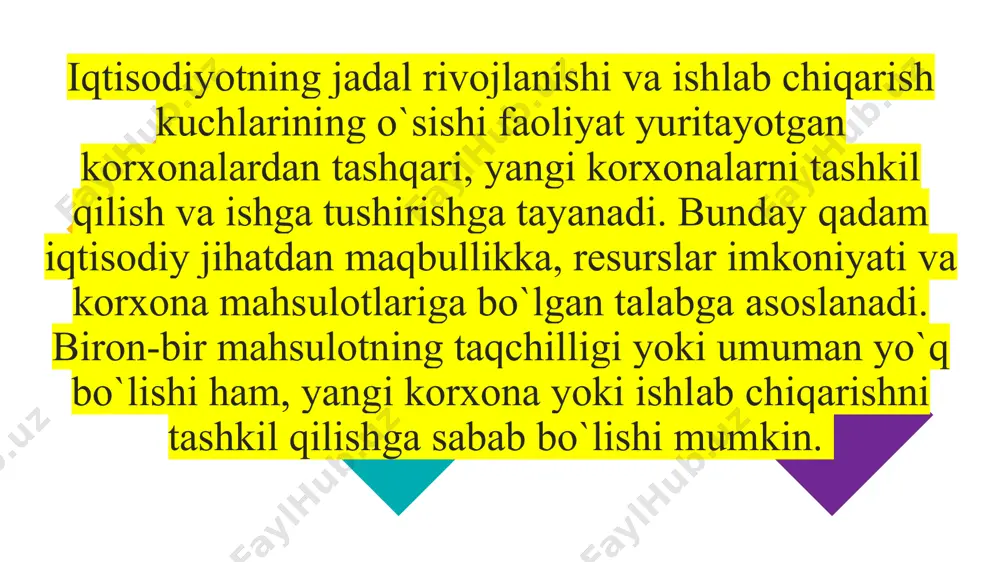 adi. “korxonalar to`g’risida” gi qonunga asosan quyidagilar korxona mulkini shakllantirishning manbalari hisoblanadi: - ta`sischilarning pul va moddiy ko`rinishdagi badallari; - mahsulot (ish, xizmat) sotishdan va boshqa turdagi faoliyatdan olingan daromadlar; - qimmatbaho qog’ozlardan olingan daromadlar; - banklar va boshqa kreditorlardan olingan kreditlar; - byudjetdan olinuvchi mablag’lar (dotatsiya), kapital qo`yilmalar; - korxona, tashkilot va fuqarolarning beg’araz va xayriya badallari, shuningdek, almashish, meros va sovg’a tariqasida olinuvchi mulk; - qonun bilan taqiqlanmagan boshqa manbalar. davlat korxonalarning mulkiy huquqlarini kafolatlaydi. davlatning korxonalar mulkini (asosiy fondlar, aylanma mablag’lar va hokazo) tortib olishiga yo`l qo`yilmaydi, qonunchilikda ko`zda tutilgan hollar bundan mustasno. korxonalarning davlat tomonidan ro`yxatga olinishi. yuqorida aytib o`tilganidek, korxona joylashgan manzilgohi bo`yicha davlat idoralarida ro`yxatga olingan kundan boshlab tashkil qilingan hisoblanadi. bu vazifani asosan hokimiyatlar bajarib, ular korxonani ro`yxatga olish to`g’risidagi ma`lumotlarni 10 kun mobaynida moliya vazirligiga yagona davlat reestriga kiritish uchun taqdim etishlari shart. davlat ro`yxatidan o`tish uchun korxonani tashkil qilish to`g’risidagi qaror, …