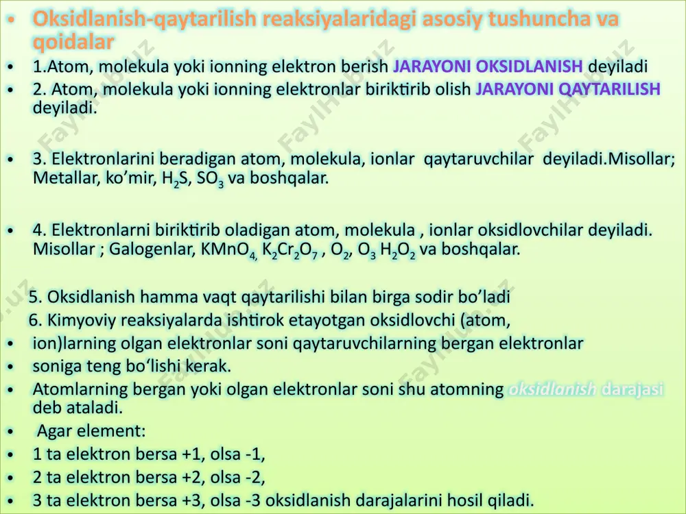 chadi. 1.molekulalararo oksidlanish-qaytarilish reaksiyalari misollar a.ho2 + oo2 =2 h+ 2o-2 b. so + oo2 = s+4o-22 c. cu + 4hno3 = cu(no3)2 + 2 no2 + h2o 2. ichki molekular oksidlanish –qaytarilish reaksiyalari. 2kclo3 = 2kcl + o2 2kmno4 = k2mno4 + mno2 + o2 3. disproporsiyalanish reaksiyalari 3s + 6 koh = k2s +k2so3 +3h2o 3k2 mno4 + 2h2o = 2kmno4 + mn o4 + koh 4. sinproporsiyalanish reaksiyalari nh4no3 = n2 o + h2 o etiboringiz uchun rahmat image1.jpeg audio1.wav image2.jpeg audio2.wav audio3.wav image3.jpeg audio4.wav image4.jpeg audio5.wav image5.jpeg image6.jpeg image7.jpeg image8.jpeg audio6.wav audio7.wav /docprops/thumbnail.jpeg