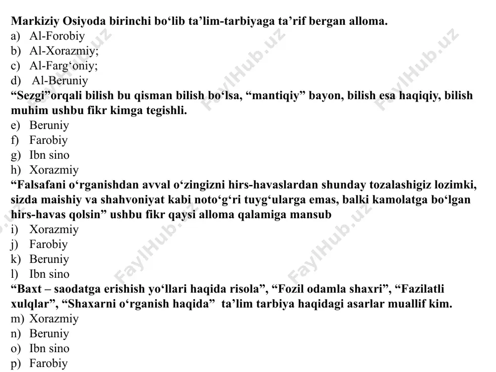 afakkirlaridan qaysi alloma birinchi marta bolalarni jamoa bo‘lib, maktabda o‘qitishning ahamiyatini ilmiy asoslab bergan? ibn sino. forobiy beruniy al-xorazmiy inson kamolatida uch narsa- «irsiyat, muhit, tarbiya» muhim rol’ o‘ynaydi degan fikrni ilk bor ilgari surgan olim. . . forobiy beruniy ibn sino moturudiy хотира ал-берунийнинг она шаҳри 1957 йил унинг шарафига беруний номини олган. 1973 йил академик и.м.мўминов томонидан ўзбекистонда абу райҳон беруний таваллудининг 1000 йиллиги муносабати билан тадбирлар ўтказилган. тошкентдаги шарқшунослик илмий-текшириш институти абу райҳон беруний номини олган. тошкентдаги беруний метро станцияси. тошкент ҳамда хоразмдаги беруний ҳайклалари. ал беруний ой вулқони ҳамда астероид 9936 ал беруний ҳам олим шарафига номланган. image1.jpeg image2.jpeg image3.jpeg image4.jpeg image5.png image6.png image7.jpeg image8.jpeg image9.png image10.jpeg image11.jpeg image12.jpeg image13.jpeg image14.jpeg image15.jpeg /docprops/thumbnail.jpeg