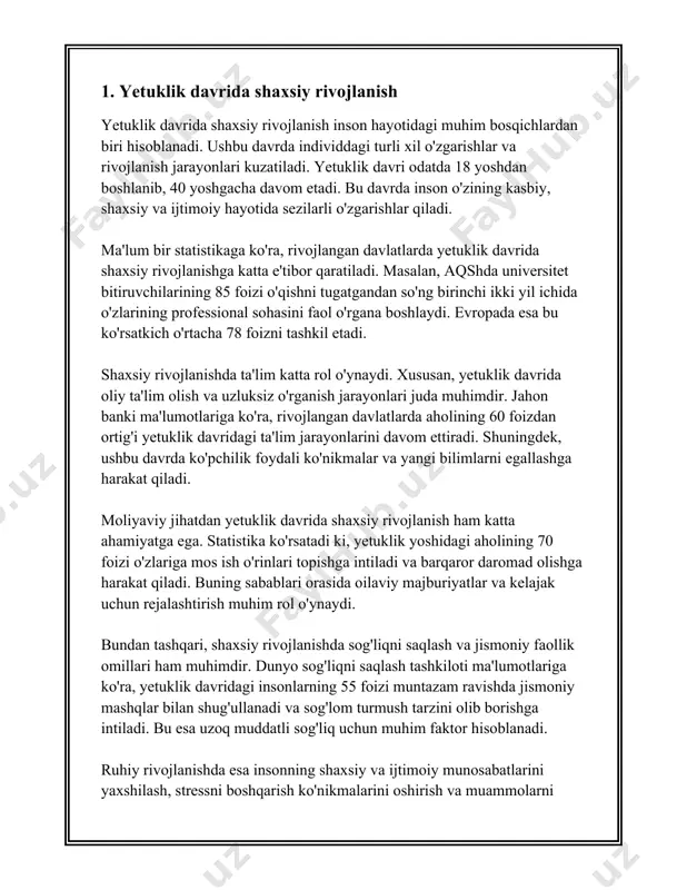 rajasi har 10 yilda taxminan 0,5% ga tushishi mumkin. ikkinchidan, ijtimoiy izolyatsiya va yolg'izlik kabi muammolar keksalikda xavf ostida bo'lishi mumkin. jahon sog'liqni saqlash tashkilotining (who) 2020 yildagi hisobotiga ko'ra, 65 yoshdan oshgan odamlardan taxminan 20% yolg'izlik his qilishi mumkin. yolg'izlik va ijtimoiy aloqalarning yo'qligi esa, depressiya va befarqlik kabi ruhiy salomatlik muammolarini kuchaytirishi mumkin. keksayish jarayonida insonning emotsional barqarorligi ham o'zgara oladi. bu davrda ko'proq ijobiy emotsiyalarni boshdan kechirish va kamroq salbiy hissiyotlarga ega bo'lish holati tez-tez uchrab turadi. bu haqda 2018 yilda psychological science jurnalida chop etilgan tadqiqotda keltirilgan. tadqiqot natijalariga ko'ra, keksaygan sayin odamlar odatda stress va xavotirni boshqarishda effektivroq bo'lib boradi. yana bir e'tiborga molik jihat - shaxsiyatdagi o'zgarishlar. keksalar ko'pincha kamroq ochiq bo'lishi yoki yangi tajribalarga nisbatan unchalik qiziqmasligi mumkin. biroq, ular yanada mas'uliyatli va mehnatsevar bo'lib qolishlari ham mumkin. 2022 yilda european journal of personality da chop etilgan tadqiqot shaxsiyatdagi ba'zi o'zgarishlar doimiy bo'lishi …