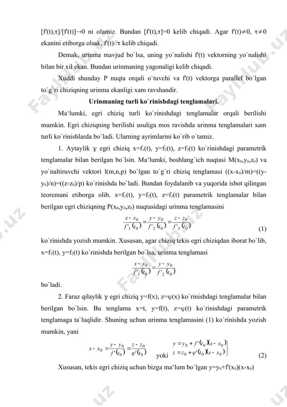 lamalari bo`lsin. u xolda biz quyidagi ayniyatga ega bo`lamiz, yani ((x(t),y(t),z(t))=0 ((x(t),y(t)z(t)=0 bu ayniyatlarni t bo`yicha differentsiallab quyidagilarni topamiz: (xx't+(yy't+(zz't=0 (xx't+(yy't+(zz't=0 oxirgi tengliklardan shu narsa kelib chiqadiki, koordinatalari (x't,y't,z't) bo`lgan r'(t) vektor (((x,(y,(z) va (((x,(y,(z) vektorlarning xar biriga perpendikulyar ekan, chunki ularning skalyar ko`paytmalari 0 ga teng. bundan r'(t) vektorning yo`nalishi [(,(] vektorning yo`nalishi bilan ustma-ust tushadi. demak, [(,(] vektor urinmaning yo`naltiruvchi vektoridan iborat ekan. shunday qilib urinma tenglamasini ko`rinishda yoza olamiz. agar ( tekis egri chiziq bo`lib, ((х,у)=0 ko`rinishdagi tenglama bilan berilgan bo`lsa urinma tenglamasi ёки (х(х-х0)+(у(у-у0)=0 ko`rinishda bo`ladi. ta‘rif. urinish nuqtasi orqali o`tib, urinmaga perpendikulyar bo`lgan tekislik egri chiziqning shu nuqtasidagi normal tekisligi deyiladi. normal tekislik uchun urinmaning yo`naltiruvchi vektori normal vektor bo`ladi. shuning uchugn normal tekislik tenglamasini tuzish uchun urinmaning yo`naltiruvchi vektorini bilish kifoyadir, yani f'1(t0), f'2(t0), f'3(t0) urinma yo`naltiruvchi vektorning koordinatalari bo`lsa normal tekislik tenglamasi f'1(t0)(x-x0)+f'2(t0)(y-y0)+f'3(t0)(z-z0)=0 ko`rinishda bo`ladi. n o`lchovli haqiqiy arifmetik fazo. arifmetik vektor haqida …