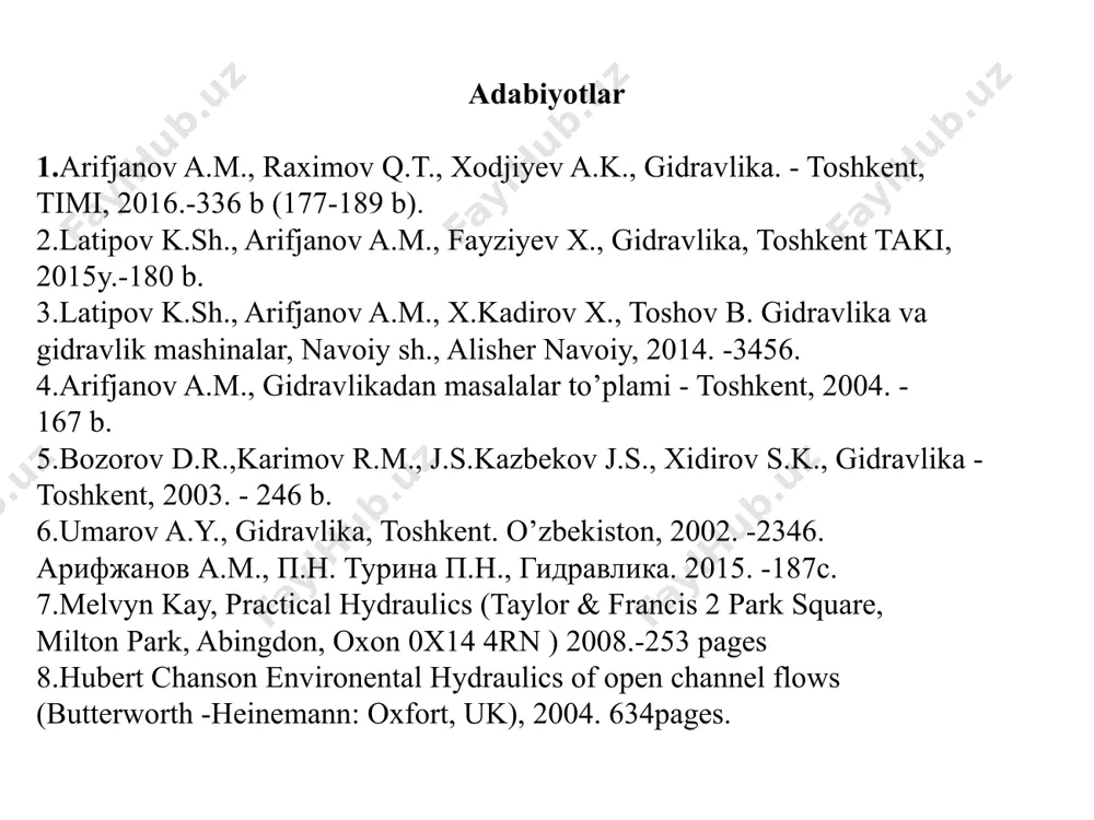 sarfni hisoblash formulasi: bu yerda: - teshik yuzasi; - sarf koeffitsiyenti. - silindrik va kvadrat shakldagi teshiklar uchun. ko‘milgan teshikdan o‘tayotgan sarf katta teshiklar uchun: katta teshiklar uchun: - teshik markazidagi napor; - sarf koeffitsiyenti. teshiklardan chiqayotgan sarfni «napor» reyka orqali aniqlash yoki formuladan sarf koeffitsiyentini aniqlaymiz: bir necha o‘lchovlar asosida -ni formula asosida aniqlanadi va o‘rtachasi topiladi. o‘lchovlar asosida grafik chiziladi. harakat tenglamalari asosida μ -ni aniqlash oqimning chiqish koordinatalari «x» va «z» o‘lchanadi, tezlik koeffitsiyenti aniqlanadi: sarf koeffitsiyenti hisoblab topiladi: silindrsimon va kvadrat teshiklar uchun «lotok» devoriga o‘rnatilgan teshikdan oqib chiqayotgan sarfni aniqlash suv tezligi: sarf: sarf koeffitsiyentini yuqoridagiday (3) aniqlab, grafigini keltirish mumkin: naycha turlari: quyida har xil naychalarning sarf koeffitsiyentlari keltirilgan: а) б) с) har xil shakldagi naychalar va dumaloq teshik uchun siqilish, tezlik va sarf koeffitsiyentlari. № naychalar turi va teshiklar rasmlar ε φ μ ζ 1 yupqa devordagi dumaloq teshik 1 0,64 0,97 0,62 …