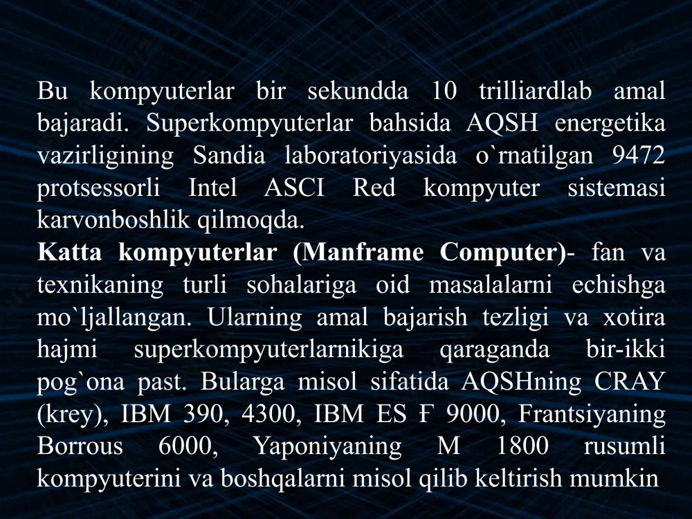 rak. noutbuk kompyuterlar. noutbuk kompyuterlar hajmi ancha ixcham bo`lib, ammo bajaradigan amallar soni, xotira hajmi shaxsiy kompyuterlar darajasiga ko`tarilib bormoqda. ularning qulaylik tomonlaridan biri ham elektr energiyasidan va ichiga o`rnatilgan batareyalarda ham uzluksiz (batareyani har safar almashtirmasdan) ishlash mumkinligidir bunda batareya quvvati energiyaga ulanishi bilan o`zi zaryad ola boshlaydi va u batareya bir necha yillarga mo`ljallangan bo`ladi. hozirda bunday noutbuklarni ibm, compaq, acer, toshiba va boshqa firmalar ishlab chiqarmoqda. tabiiyki, bunday kompyuterlar o`z imkoniyatlari nuqtai nazaridan shaxsiy kompyuterlarga tenglashayotganini nazarda tutilsa, uning narxi baland bo`lishini sezish qiyin emas. bundan tashqari, bunday rusumli kompyuterlar 8-10 yil mobaynida buzilmasdan ishlash qobiliyatiga ega. ular shaxsiy kompyuterlar uchun yaratilgan operatsion sistemalar ms dos, qobiq programmalar, windows ning oxirgi versiyalarida va boshqa operatsion sistemalar boshqaruvida ishlaydi. asosiy qurilmalar sistema bloki sistema bloki bu kompyuterning eng asosiy qismi. uning ichida ona platasi, mikroprotsessor, qattik disk yoki vinchester, tezkor va kesh xotira mikrosxemalari, elektron sxemalar yoki kontrollerlar …