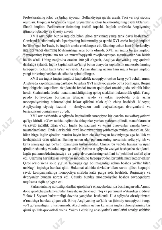 angliya bilan mustamlakalar uchun maxsus konstitusion rejim asosida aloqalarni saqlab qolishni taklif etdilar. bu kongressda virjiniyalik deputat jorj vashington (1732-1799) katta rol o’ynaydi kongressdagi virjiniyalik deputatlar orasida advokat va publisist tomas jefferson (1743-1826) ham o’zining o’tkir chiqishlari bilan ajralib turdi. jefferson yerga mutloq egalik va merosga katta o’g’ilning egalik huquqini bekor qilishni, qulchilikni tugatilishini talab qilib chiqdi. 1774 yilgi kontinental kongress amerikaliklarning o’z-o’zini milliy anglashini shakllanishiga zamin tayyorladi. kontinental kongress 5 sentyabrdan 26 oktyabrgacha faoliyat yuritdi. u qirolga bir qator talabnomalar tayyorladi, mustamlakalarga yangi soliqlar joriy qilmaslik ingliz huqumatining mustamlakalarda siquviga barham berish shular jumlasidan edi. kongress mustamlakalar aholisidan ingliz tovarlarini baykot qilishni talab qildi, shundan so’ng muammolarni tinch yo’l bilan yechish maqsadida kongress o’zining majlisini 1775 yilning may oyida davom ettirishga qaror qildi. o’rtadagi bu tanaffus davrida mustamlakalar va metropoliya o’rtasidagi nizo qurolli kurashga aylanib ketdi. mustaqillik urushining boshlanishi 1775 yil 19 aprelda ingliz generali geyj konkorddagi zambaraklar, porox, …