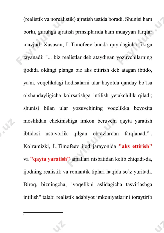 ) kirishiga imkon qoldiradi. zero, bu o`rinda bosh mezon - personajlarning konkret ijtimoiy sharoitda shakllangan xarakterlari ichki mantiqidan kelib chiqqan holda harakat qilishidir. demak, hayotni badiiy aks ettirishning realistik prinsipi xarakterlarning ularni shakllantirgan ijtimoiy-tarixiy sharoitga, ko`proq shu sharoit bilan belgilanuvchi xarakter mantiqiga muvofiq harakat qilishlarini taqozo qiladi. masalan, razzoq so`fi xonadonida voyaga yetgan, xarakter xususiyatlari shu muhit tomonidan belgilangan zebi romanda o`z xarakter mantiqiga muvofiq harakat qiladi: uning mingboshiga unashilganidan so`ng, kelin bo`lib tushgach yoki suddagi xatti - harakatlari shunday deyishimizga asos beradi. xuddi shu gapni a.qodiriyning ra'nosiga nisbatan ham aytishimiz mumkin (buni o`zingiz asoslashga urinib ko`ring). norealistik asarda esa qahramon o`zining konkret sharoitda shakllangan xarakteri mantiqidan kelib chiqib harakat qilmaydi, balki yozuvchining qarashlari va idealiga mos tarzda harakatlantiriladi (masalan, navoiy “xamsa”sidagi farhod, iskandar obrazlari). [2: ] hayotni badiiy aks ettirish tamoyillari 30-40-yillar adabiyotshunosldigida "metod" deb yuritilib, unga ko`ra, badiiy adabiyotda ikkita - realistik va norealistik ijodiy metodlar mavjud deb …