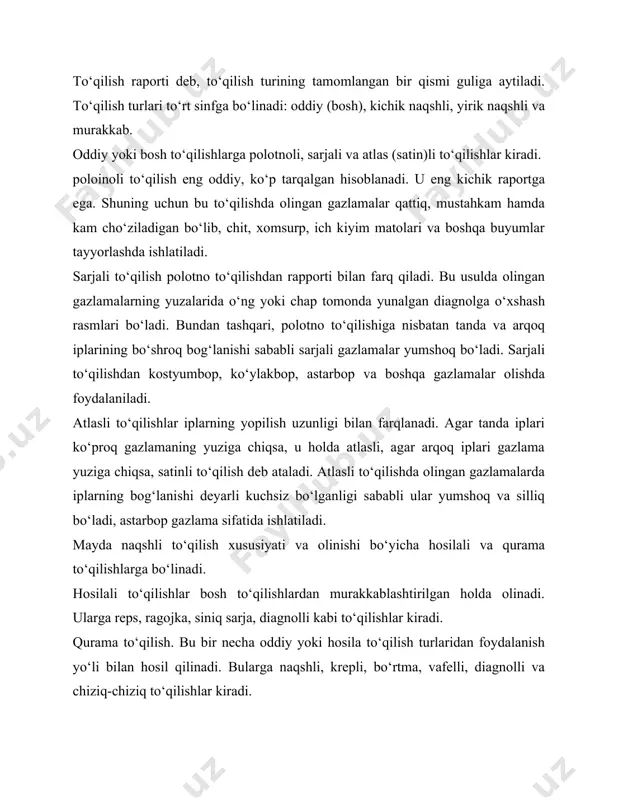 sh rapportining kattaligi, to‘qish gullari va turlarining xilma-xilligi bilan farqlanadi. ytrik naqshli gazlamalar jakkard stanoklarida olinadi. bu to‘qilishlar mebellarni bezatish uchun, paltobop gazlamalar, dasturxonbop, adyollar, qo‘l sochiqlari va ko‘ylak-kostyumbop gazlamalar va boshqa buyumlar olishda qo‘llaniladi. 10.4. gazlamalarni pardozlash jarayonlari to‘qilishdan so‘ng ishlov berilgan tayyor gazlamalar xom mato, deb yuritiladi. bunday matolarning iste’mol xususiyatlari to‘liq shakllanmagan. shuning uchun ularning iste’mol xususiyatlarini, ayniqsa, tashqi ko‘rinishini yaxshilash maqsadida kompleks fizik-kimyoviy va mexanik ta’sirlari ko‘rsatiladi, ya’ni pardozlanadi. pardozlash jarayonlari quyidagi jarayonlardan iborat: dastlabki pardozlash, oqartirish, bo‘yash, nafis rangli gullar olish, yakunlovchi va maxsus pardozlash. dastlabki pardozlash gazlamalarni kelgusi pardozlash jarayonlariga tayyorlash yoki gazlamalarga kerakli xususiyatlar berish maqsadida o‘tkaziladi. gazlamalarni oqartirish jarayonida ochiq tusga bo‘yaladigan va gul bosiladigan gazlamalarga och rang beriladi. oqartirish kimyoviy va optik usullar bilan amalga oshiriladi. gazlamani bo‘yash jarayonidan o‘tgan gazlamalar sidirg‘a bo‘yalgan deb ataladi. barcha bo‘yoqlar tarkibi bo‘yicha ma’danli (pegmentli) va organik bo‘yoqlarga bo‘linadi. gazlamalarga gul bosish quyidagi usullarda amalga …