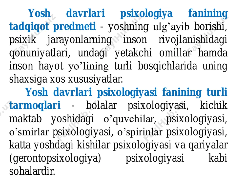 na yoritilgan. fan sifatida yosh davrlari psixologiyasi va pedagogik psixologiyaning vujudga kelishi, uning rivojlanish tarixi va hozirgi holati yosh avlodning ta’lim va tarbiya bilan bog’liq psixologik muammolari yirik olimlar, faylasuf va yozuvchilarini ham muntazam jalb etib kelgan. dastlabki pedagogik-psixologik mazmundagi asarlar xvii-xviii asrlar diniy-axloqiy ta’limotlar zamirida yoritilgandir. rossiyada psixologik tadqiqot namunalari sharq va g’arb madaniyati ta’sirida inson ruhiyati bilan bog’lik turli asarlarda shakllanib kelgan. v.n.tatishev, a.n.radishev, n.i.novikov va boshqalarning asarlaridagi dastlabki qarashlari ham psixik taraqqiyotniig o’ziga xos xususiyatlari, psixik rivojlanishdagi tafovutlar bilan yo’g’rilgandir. rus tarixchisi v.n.tatishevning «fanlar va bilim yurtlarining foydasi to’g’risida suhbat» kitobida fanlarning tasnifi, bilimlarning ahamiyati, til va nutqning mavqyei, yosh davrlarining xususiyatlari bilan bog’liqligi ko’rsatilgan. a.n.radishev birinchilar qatori bola psixik taraqqiyotini tabiiy- ilmiy yo’sinda asoslab berishga urindi. uning «peterburgdan moskvaga sayohat» kitobi bu borada pedagogik-psixologik asarlar sirasidan munosib o’rin egallaydi. yozuvchining fikricha, inson tashqi muhit haqidagi taassurotlarini sezgilar orqali idrok etadi, shu yo’sinda uning tafakkuri, ulg’ayib shakllanadi. …