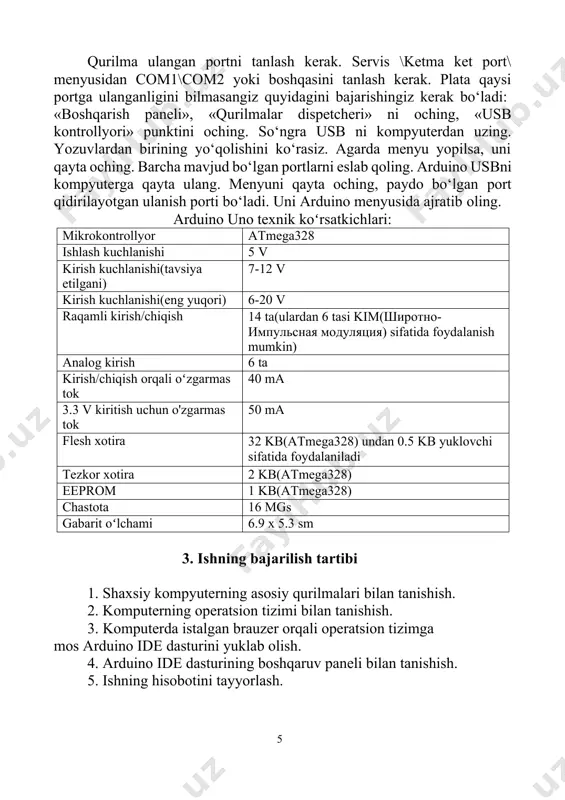 digan birinchi funksiyasidir va u bir marta bajariladi, chunki u portlarning ishlash rejimini o‘rnatish (pin model) yoki ketma- ket ulanishi initsializatsiya qilish uchun ishlatiladi. keyingi loop funksiya doimo bajariladigan koddan iborat bo‘ladi, kirish signallari o‘qiladi, chiqishlar uzib ulanadi va h.k.z. bu funksiya arduino barcha dasturlarda asosiy ishni bajaradi. setup () setup () funksiyasi dastur boshlanishida bir marta chaqiriladi. undan chiqishlar rejimlarini o‘rnatish yoki ketma- ket ulanishni initsializatsiya qilish uchun foydalaniladi. u dasturga, hatto hech narsa bo‘lmaganda ham kiritilishi kerak. void setup () { pin mode (pin, output); } // ‗pin‗ chiqish sifatida o‘rnatadi. loop () setup () funksiyasi chaqirilganidan so‘ng boshqarish loop () funksiyasiga o‘tadi. u o‘zining nomi nimani anglatsa, o‘sha aniqlik bilan bajaradi – uzluksiz ravishda dasturga arduino platasini boshqarish, javob berish va buyruq o‘zgartirishga imkon bergan holda bajariladi. void loop () { digitalwrite (pin, high); //‗pin‗ ni ulash delay (1000) //sekundli to‘xtalish digitalwrite (pin, low); //‗pin‗ ni uzish …