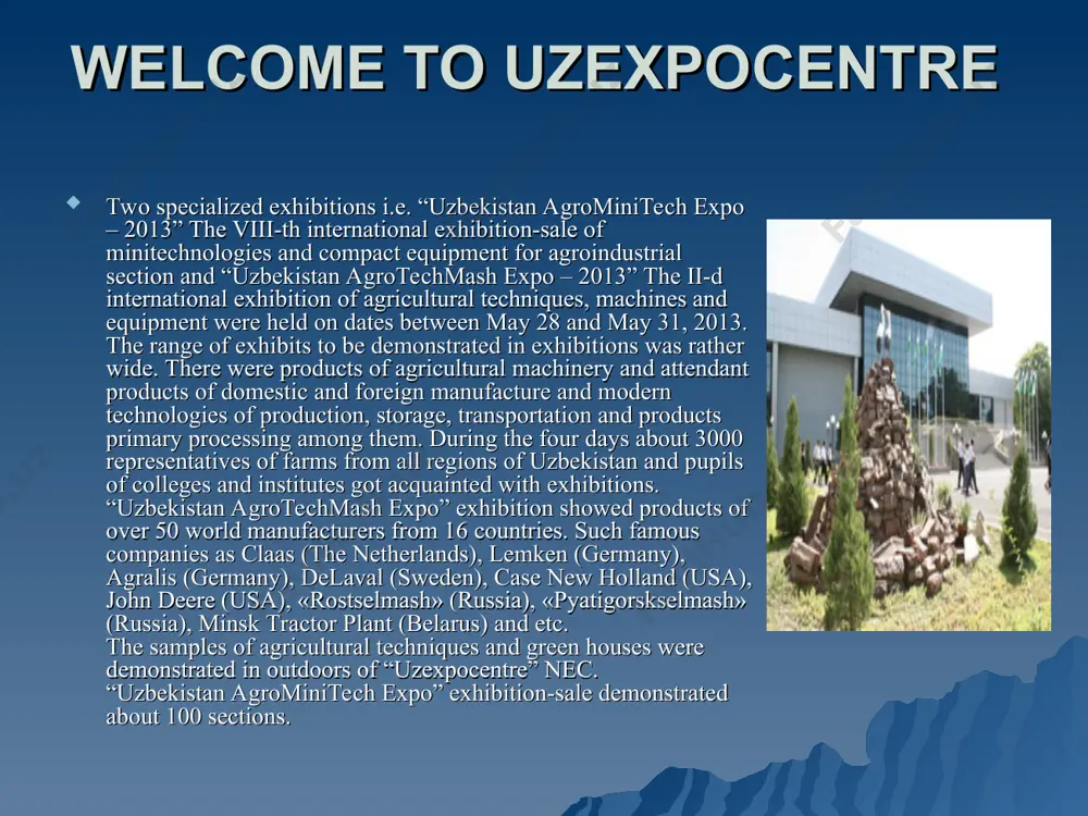 up-to-date inventions all over the world, broadening the production, increase the goods turnover, improvement the mutual understanding between nations of different countries. welcome to uzexpocentre the major exhibition of independent uzbekistan – “uzexpocentre” open joint-stock society national exhibition company of the ministry for foreign economic relations, investments & trade for the republic of uzbekistan is known to many countries throughout the world. its participation in a range of great international exhibitions and fairs has been marked by many awards. “uzexpocentre” republican trade exhibition center was established and included in structure of republican complex for international trade in late 1992 according to order of cabinet of ministers for the republic of uzbekistan. on april 18, 2005 “uzexpocentre” republican trade exhibition centre was reorganized into “uzexpocentre” open joint-stock society national exhibition company in structure of the ministry for foreign economic relations, investments & trade of the republic of uzbekistan. activity of uzexpocentre …