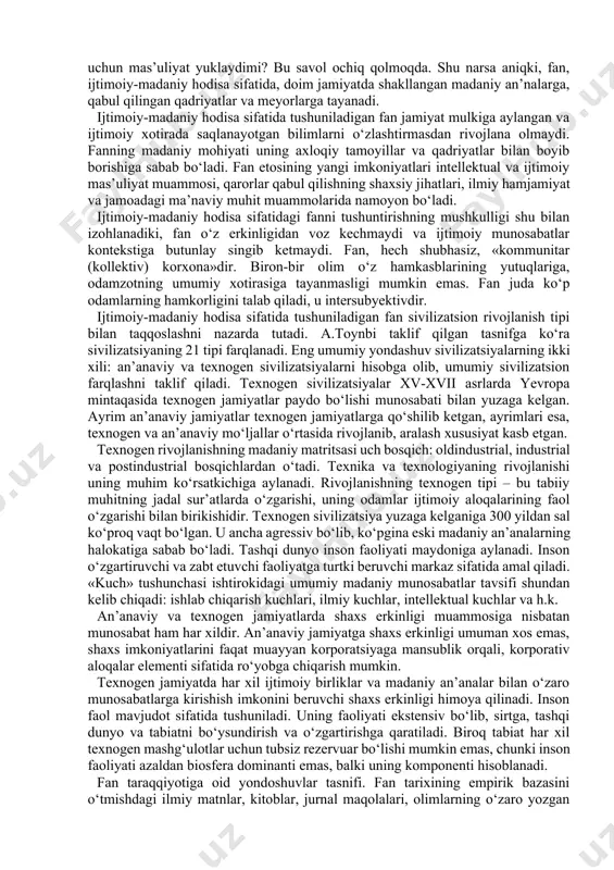 madaniy hodisa sifatida namoyon bo‘ladi. bu fan jamiyatda amal qiluvchi rang-barang kuchlar va ta’sirlarga bog‘liq ekanligi, ijtimoiy kontekstda o‘z ustuvor vazifalarini belgilashi, murosai madoraga moyilligi va o‘zi ham jamiyat hayotini sezilarli darajada belgilashini anglatadi. shu tariqa ikki xil munosabat qayd etiladi: fan ijtimoiy-madaniy hodisa sifatida insoniyatning dunyo haqida haqiqiy, aniq bilim olish va yaratishga bo‘lgan muayyan ehtiyojiga javob tariqasida yuzaga kelgan va o‘z mavjudlik jarayonida jamiyat hayotining barcha jabhalari rivojlanishiga ancha kuchli ta’sir ko‘rsatadi. ijtimoiy madaniy hodisa sifatidagi fan ikki yo‘nalishda davlat boshqaruv tizimi va jamoa sifatidagi fanda namoyon bo‘ladi. davlat boshqaruvi tizimi sifatidagi fan bu universitetlar, ilmiy tadqiqot institutlari, laboratoriyalarda boshqaruvning davlat boshqaruvi darajasida amalga oshishini nazarda tutadi, jamoa sifatidagi fan esa bu kafedralar, bo‘limlarda ishlayotgan olimlar xodimlar, ularga odamlarning tipik ko‘rinishiga xos bo‘lgan barcha fazilatlar xosdir.shu bois, jamoa sifatidagi fanda munofiqlar, haqiqiy fan fidoiylari, fikr o‘g‘rilari va amalparastlar faoliyat yuritadi. fan ijtimoiy-madaniy hodisa sifatida qaralishi shu bilan izohlanadiki, …