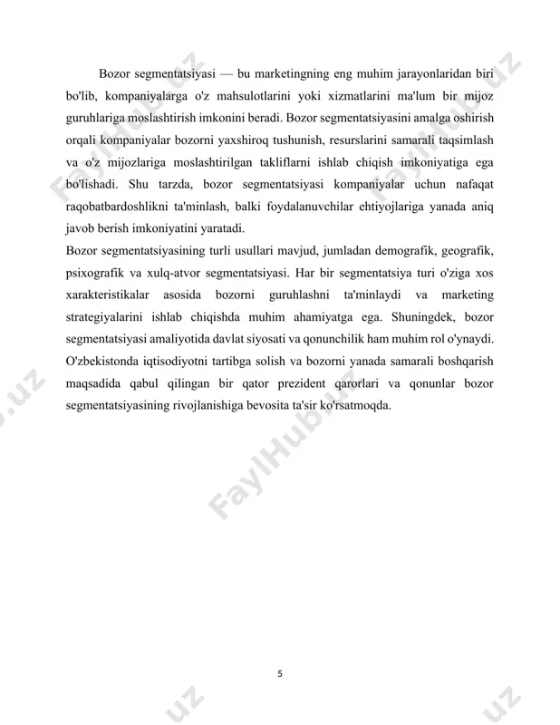di. demografik segmentatsiyaga misollar: etnik kelib chiqishi ta'lim darajasi oylik daromad oilaviy vaziyat yoshi va jinsi xulq-atvor segmentatsiyasi. ushbu segmentatsiya butun mijozlarni tovar belgisi bilan namoyish qilgan avvalgi xatti-harakatlariga qarab ajratadi. xulq-atvor segmentatsiyasiga misollar: xarid qilish odatlari brend bilan o'zaro aloqalar mahsulot haqida ma'lumot oldingi xaridlar mahsulotning malakasi. psixografik segmentatsiya. u mijozlarni turmush tarziga qarab segmentlashga qaratilgan. u iste'molchining munosabati, qadriyatlari, xulq-atvori, hissiyotlari, in'ikoslari, e'tiqodlari, ehtiyojlari, istaklari va qiziqishlarini tahlil qilishga asoslangan. agar tegishli maqsadli o'zgaruvchilarni aniqlash mumkin bo'lsa, bu bozorni segmentlashtirishning tasdiqlangan usuli hisoblanadi. biroq, keng qamrovli tadqiqotlar o'tkazish kerak bo'ladi, chunki ularning turmush tarziga qarab aholini aniqlash nisbatan sub'ektivdir. fokus-guruhlar, chuqur intervyular, etnografiya va boshqalar kabi tergov texnikalari samarali hisoblanadi. ushbu tekshiruvlar iste'molchiga ushbu segmentatsiyani loyihalashtirish uchun zarur bo'lgan ma'lumot va kontseptual bilimlarni taqdim etadi. psixografik segmentatsiyaga misollar: •afzalliklar •motivatsiyalar •qiziqishlar •turmushtarzi •aloqalar •qiymatlar •shaxsiy xususiyatlar bozorni yaxshiroq tushunish. bu sizning mijozlaringiz kimligini, sizning biznes maqsadlaringiz qanday bo'lishi …