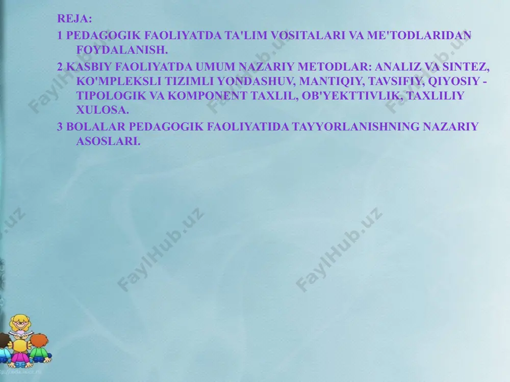 'lg'usi o'qituvchilarda kasbiy bilim, ko'nikma va malakalarni shakllantirish yo'llari jamiyat taraqqiyotida, xar bir davlatning rivojlanishida o'qituvchining mexnati, pedagog-tarbiyachilarning faoliyati muxim axamiyatga ega. o'zbekiston respuplikasi mustaqillikka erishgach, o'ziga xos fazilatlarga ega bo'lgan, davlatimizning milliy-hududiy, mintaqaviy jo'g'rofiyasi o'ziga xosligidan kelib chiqqan xolda uning ravnaqini o'ylaydigan, bir yoki bir necha kasb-xunarlarni o'zlashtirgan, zamonaviy bilimlarni biladigan fuqarolarni shakllantirish zaruriyati kelib chiqdi. bular esa "ta'lim to'g'risida"gi qonun va "kadrlar tayyorlash milliy dasturi" ning asosiy yo'riqnomalari, yo'nalishlari sifatida belgilab berildi. jumladan, prirezidentimiz i. a. karimov ta'lim soxasiga oid so'zlagan nutqlarida oliy o'quv yurtini bitirayotganlar qanday talablarga javob berish lozimligimni aniqlab orlish kerakligi, xozir tayorlanayotgan 90-100 tagacha yaqin mutaxasislikdan qaysi biri keragu, qaysi biri kerak emasligi va yangi zamon talab qilayotgan yangi mutaxasisliklami aniqlab olish lozimligini xamda zarur mutaxasisliklar bo'yicha davlat buyurtmasini belgilab olish darkorligini bir necha bor ta'kidlab o'tgan. bunda esa muxim vao'ifani amalga oshiruvchi milliy pedagog xodimlarni o'zlarini shakllantirish muammosini yechimlari yotadi. bo'lajak o'qituvchilarni zamonaviy …